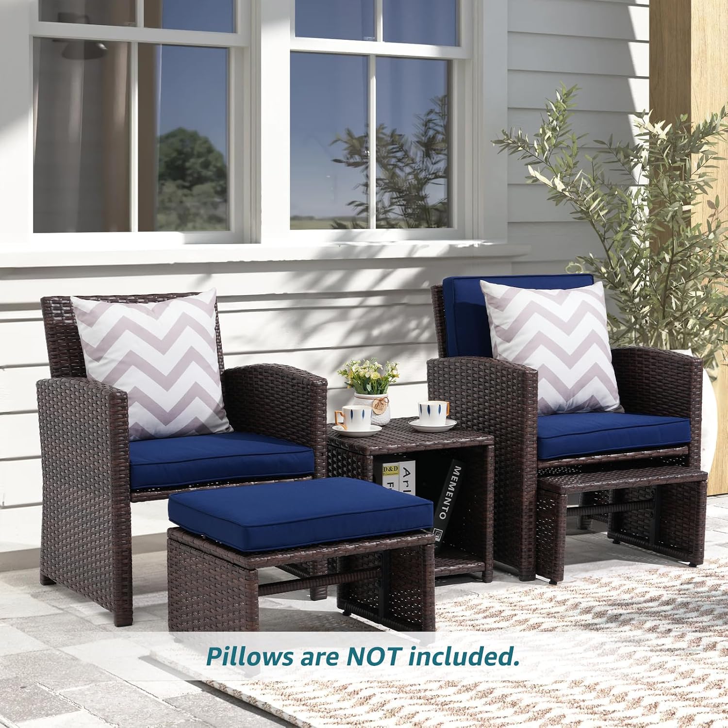 OC Orange-Casual 5 Pcs Patio Conversation Set Balcony Furniture Set with Cushions, Brown Wicker Chair with Ottoman, Storage Table for Backyard, Garden, Porch, Blue