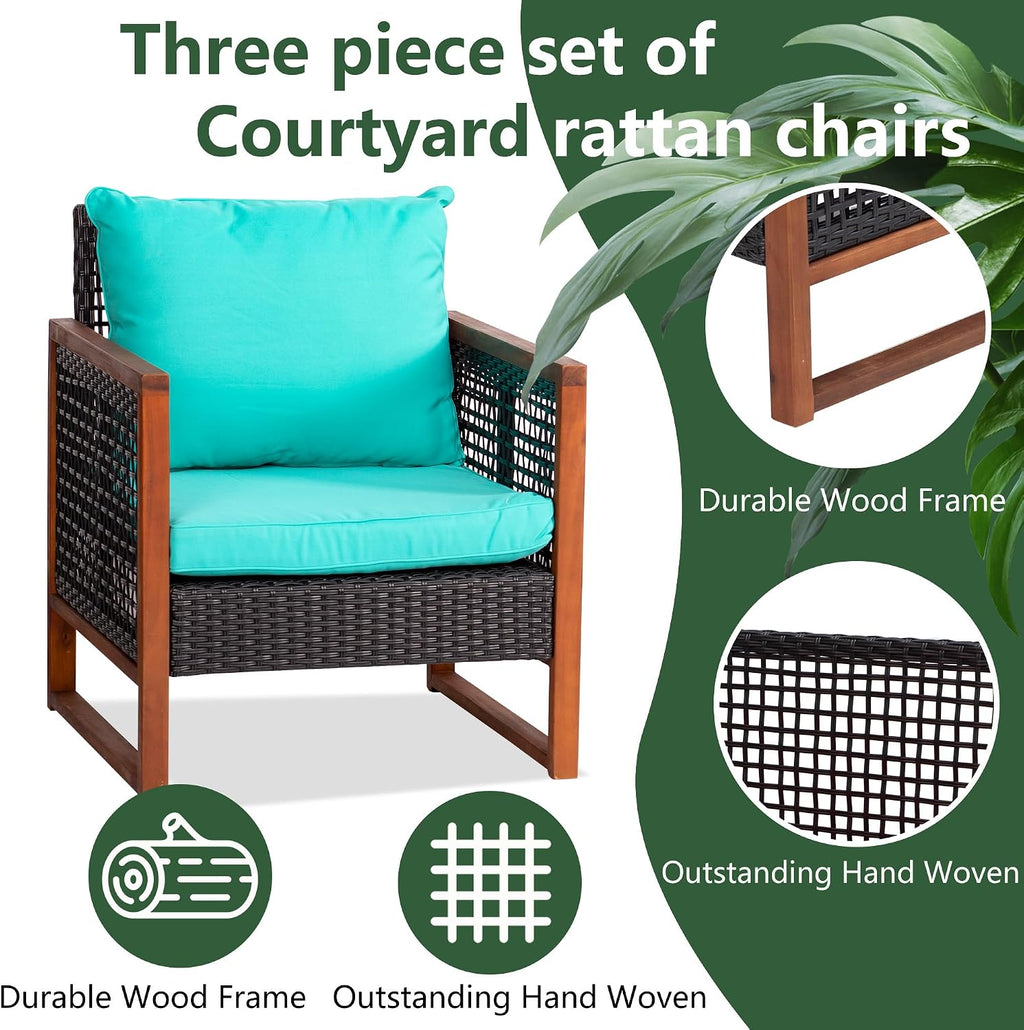 PayLessHere 3 Pieces Patio Set Wicker Patio Furniture Acacia Wood Outdoor Patio Furniture Set Rattan Chair Conversation Sets Bistro Set with Coffee Table and Water Resistant Cushions(Blue)