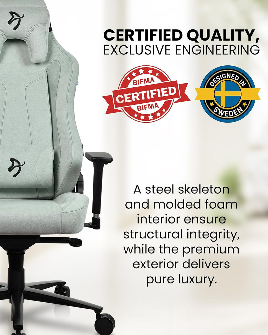Arozzi Vernazza Gaming Chair - Soft Fabric Gaming Chairs for Adults Adjustable Height, Large Spacious Seat & Backrest with Support Pillows - Swedish Design Home Office Computer Chairs, Pearl Green