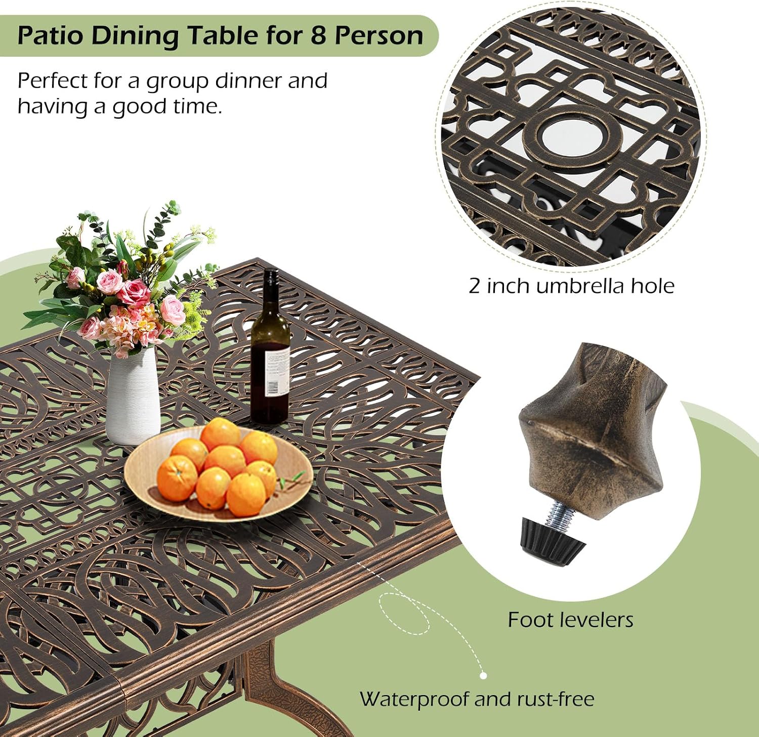 [Hi-End]Cast Aluminum Patio Furniture Set 9-Piece Outdoor Dining Set Includes 86.6'' Rectangular Patio Table with Umbrella Hole and 8 Cushioned Dining Chairs,Rust-Free for Patio Deck Garden Pool