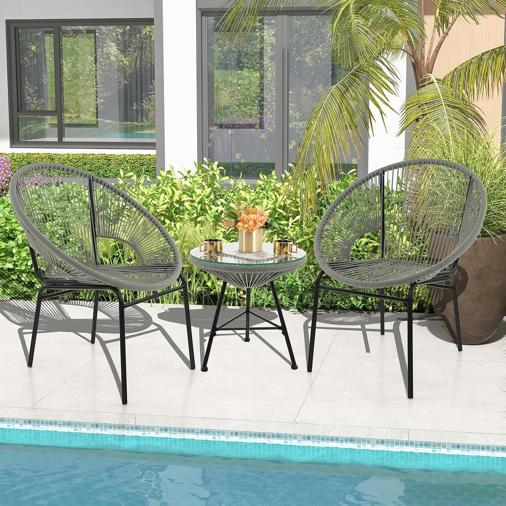 Tangkula 3 Piece Outdoor Patio Furniture Set, Acapulco Chair Set w/Plastic Rope, Tempered Glass Table, All Weather Patio Bistro Set for Patio, Lawn, Garden, Backyard (Grey)
