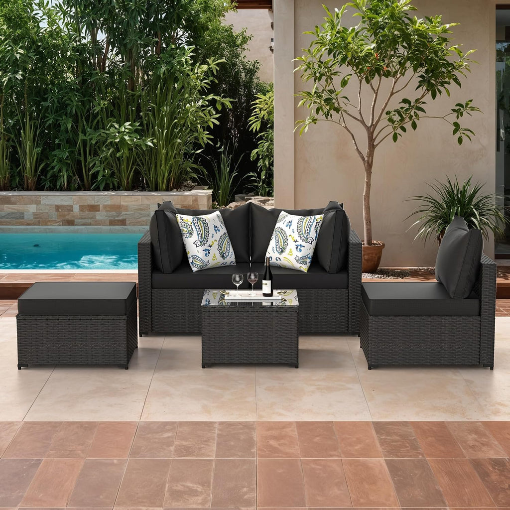 GOJOOASIS Patio Furniture Set Outdoor Sectional Sofa with Ottoman Wicker Couch Rattan Modular Seating Conversation Sets Porch Decor for Backyard, Balcony, Garden (Black)