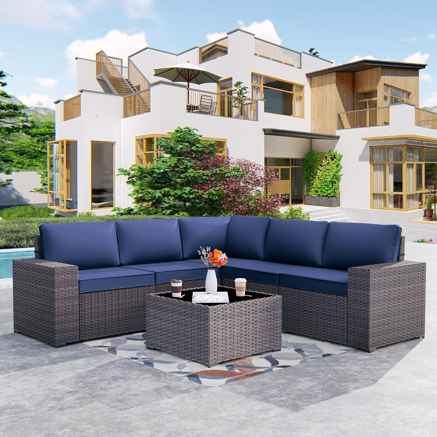 Kurapika 6 Pieces Patio Furniture Set, Rattan Outdoor Conversation Sets w/4 Inch Cushion and Glass Coffee Table(Navy Blue)
