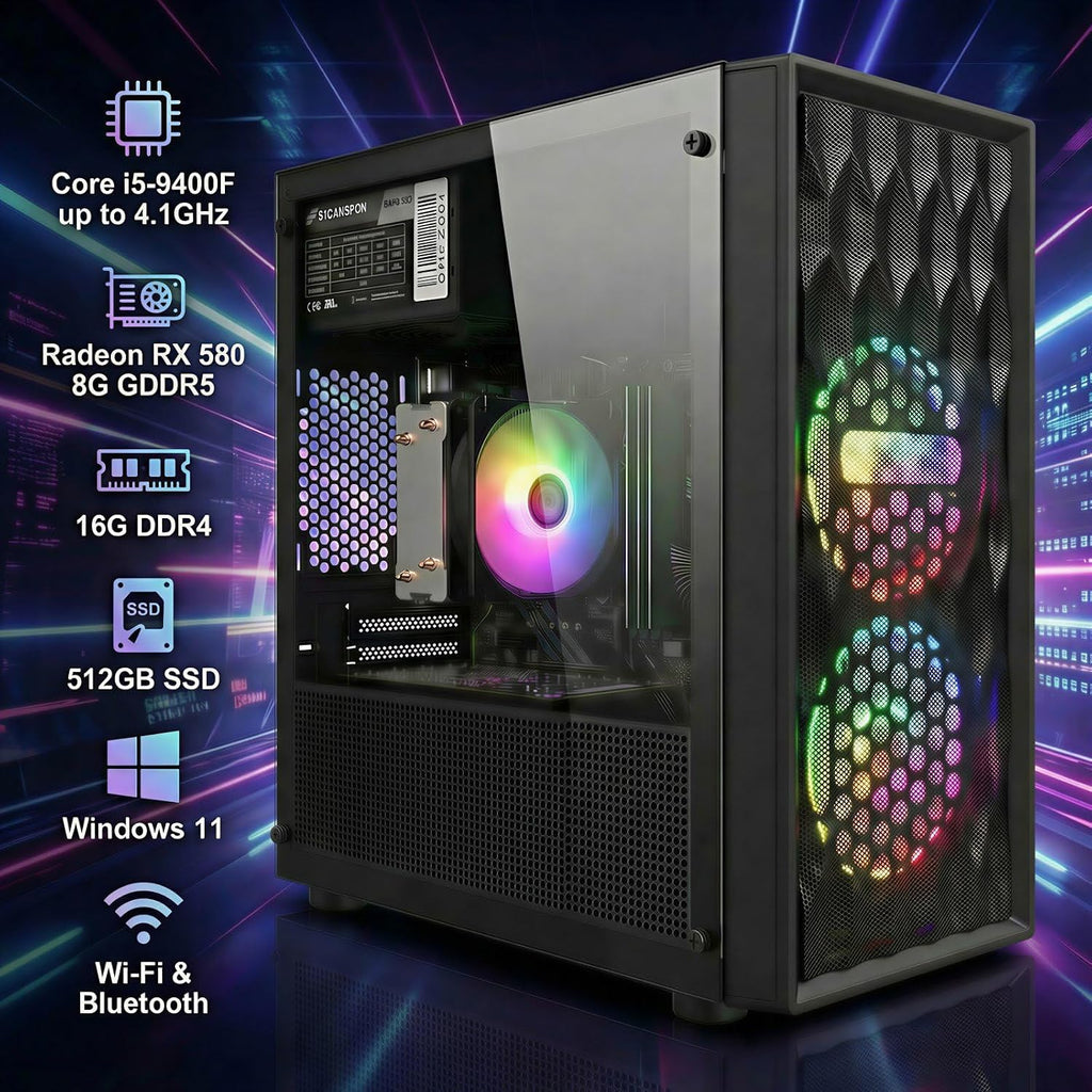 STGAubron Gaming PC Desktop Computer, Intel Core i5-9400F up to 4.1GHz, Radeon RX 580 8G, 16GB DDR4, 512GB SSD, WiFi 6, BT 5.0, RGB Fan x 4, Windows 11 Home