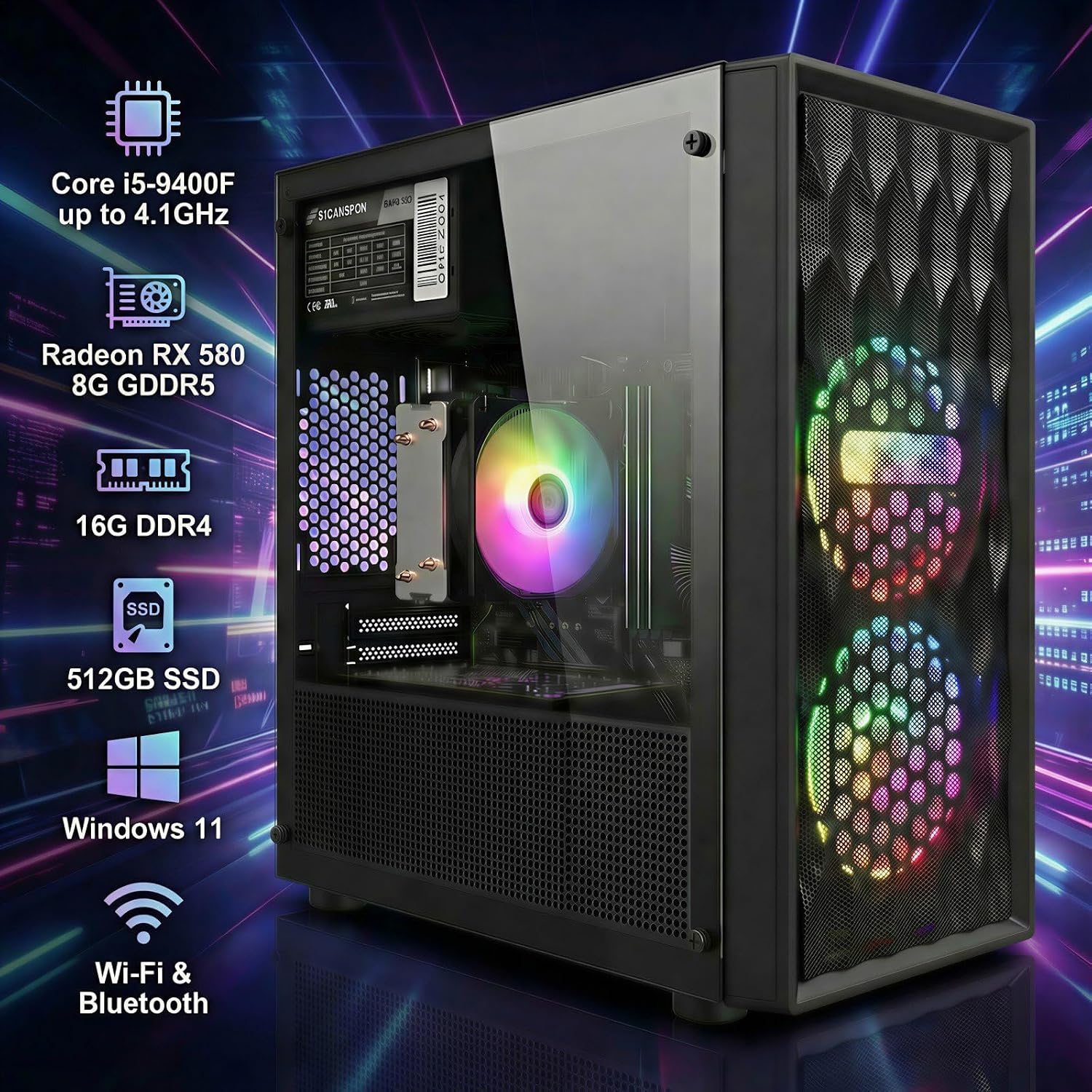 STGAubron Gaming PC Desktop Computer, Intel Core i5-9400F up to 4.1GHz, Radeon RX 580 8G, 16GB DDR4, 512GB SSD, WiFi 6, BT 5.0, RGB Fan x 4, Windows 11 Home