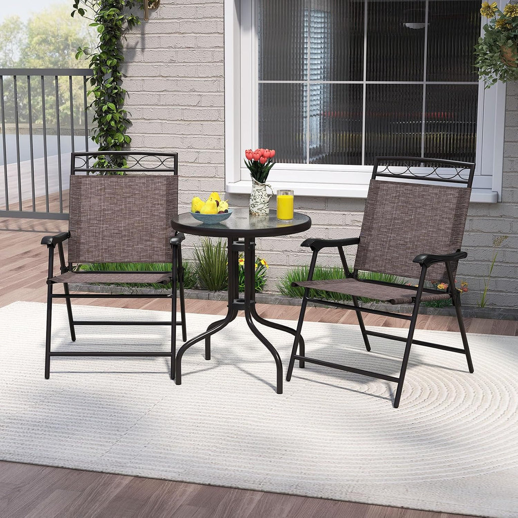 Goplus Bistro Table and Chairs Set of 2, Outdoor 3 Piece Patio Bistro Set with 1.57' Umbrella Hole, Tempered Glass Tabletop, 2 Folding Chairs, Small Patio Furniture Dining Set for Garden, Balcony