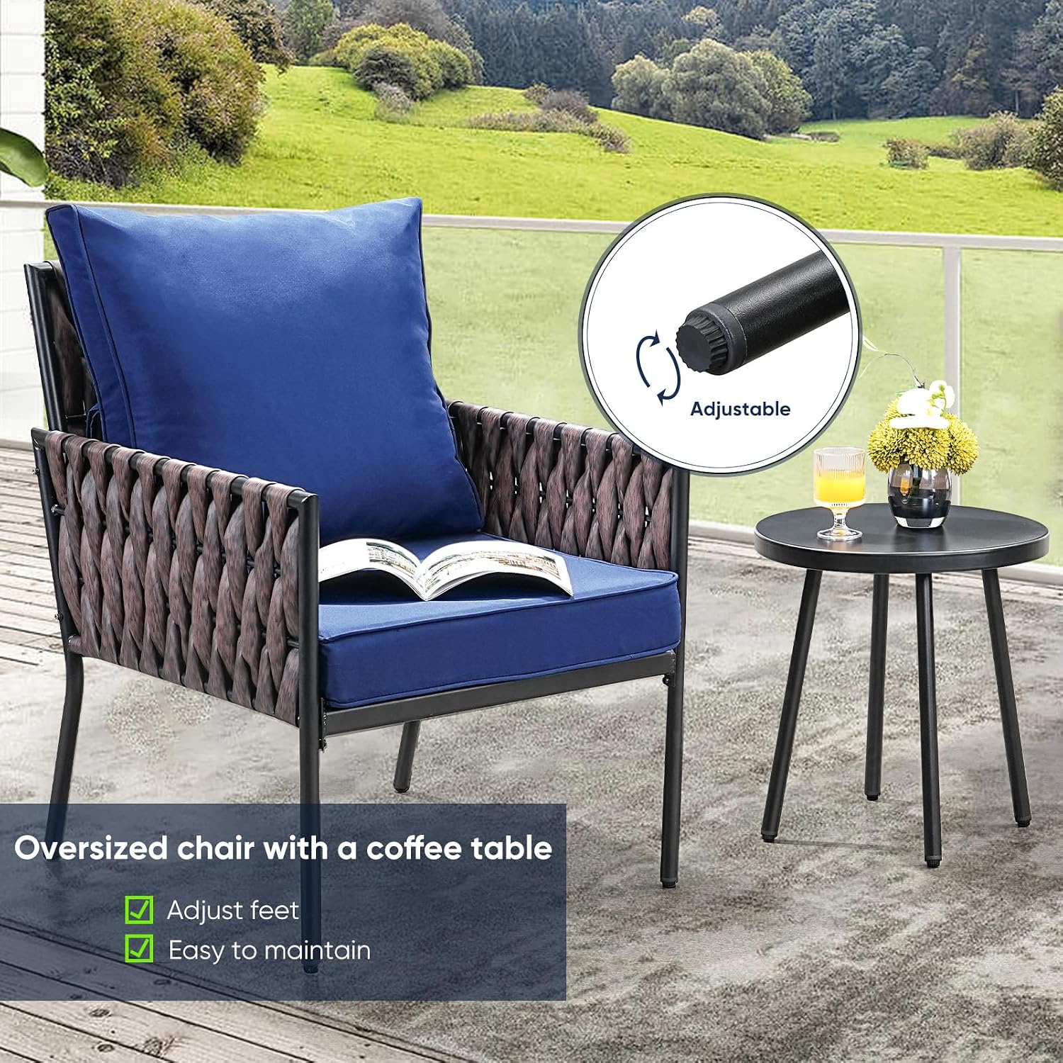 JOYURE 3 Pieces Patio Bistro Set,Patio Furniture Set with 2 Armrest Chairs and Round Side Table,Outdoor Modern Furniture Set with All-Weather Thick Cushion for Deck,Backyard,Navy