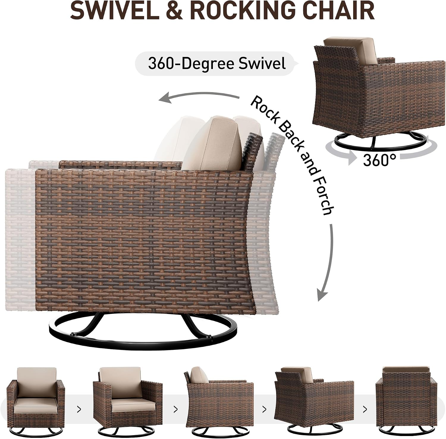 UDPATIO Patio Furniture Set, 5 Pieces Outdoor Furniture Sets with Rocking Swivel Chairs, Wicker Rattan Patio Conversation Set with Storage Table and Waterproof Covers for Backyard Deck Porch, Khaki