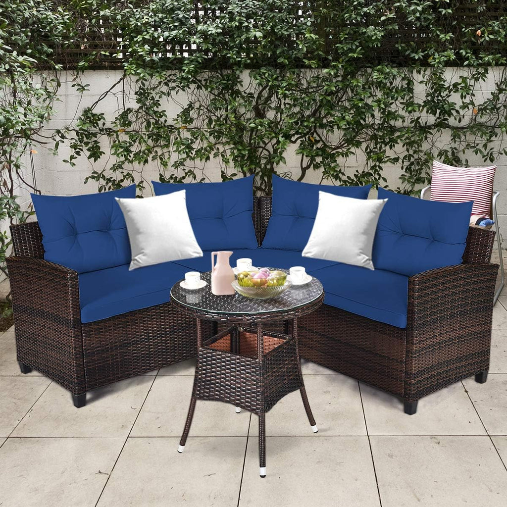 Tangkula 4-Piece C Shape Patio Furniture Set, Outdoor Corner Wicker Rattan Sectional Cushioned Sofa Set, with Glass Coffee Table, for Garden Poolside Balcony (Navy Blue)