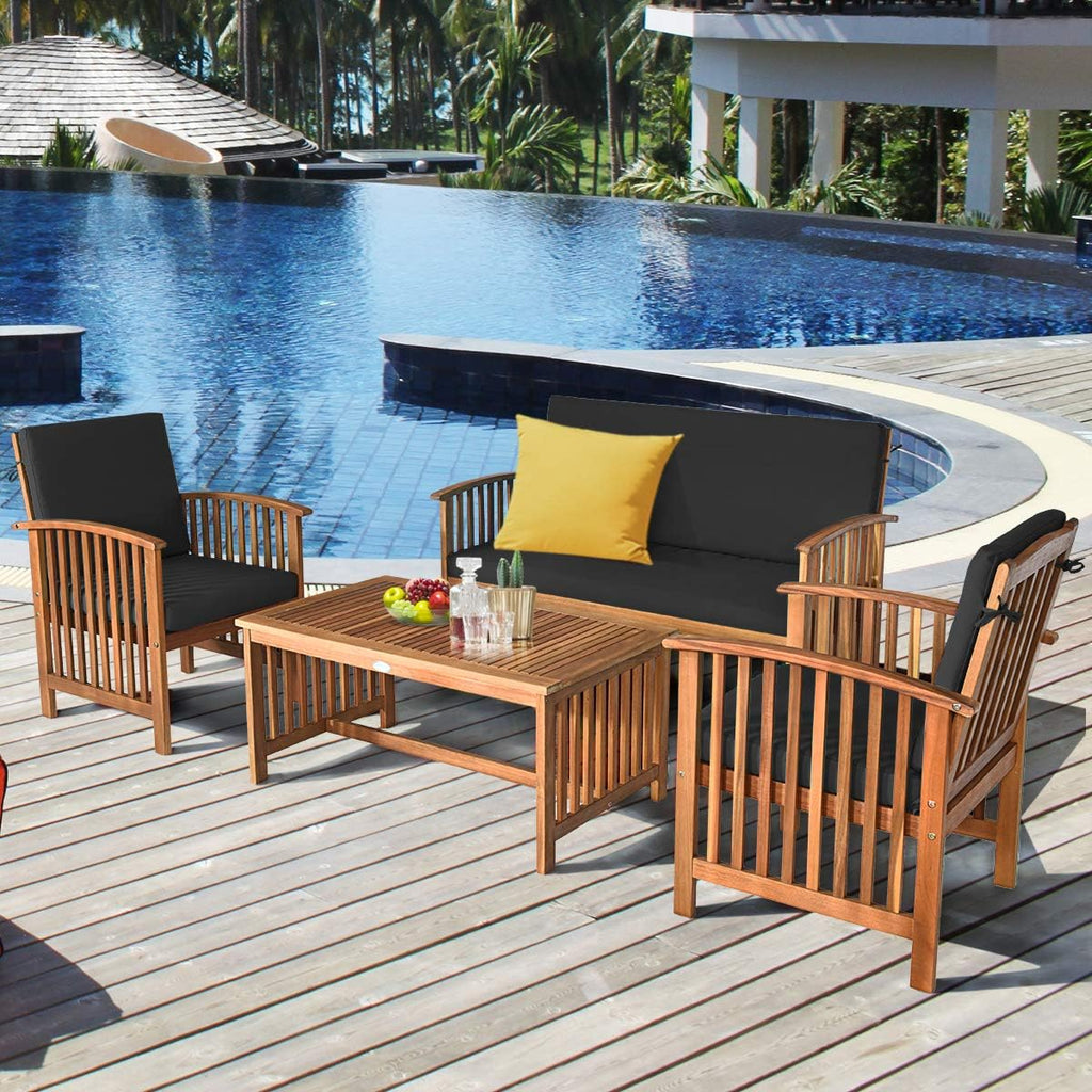 Tangkula Outdoor 4 PCS Acacia Wood Sofa Set w/Water Resistant Cushions, Padded Patio Seating Chat Set w/Coffee Table for Garden, Backyard, Poolside (1, Black)