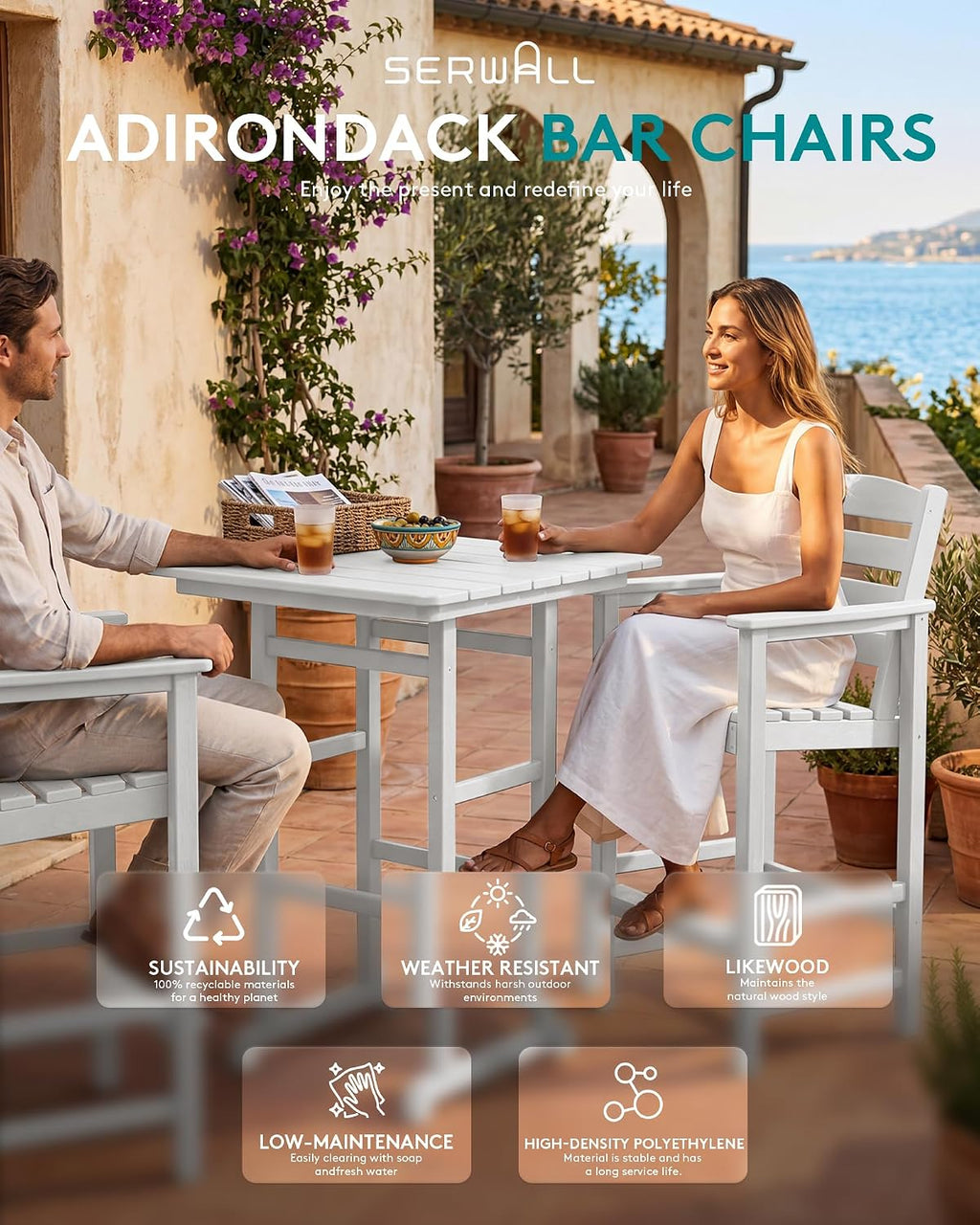 SERWALL Tall Adirondack Bar Chairs and Table 3 Pieces Set, Adirondack Bar Height Chairs Set of 2 and Bar Table, Outdoor Bar Stools Set for Bistro, Poolside, Backyard, White
