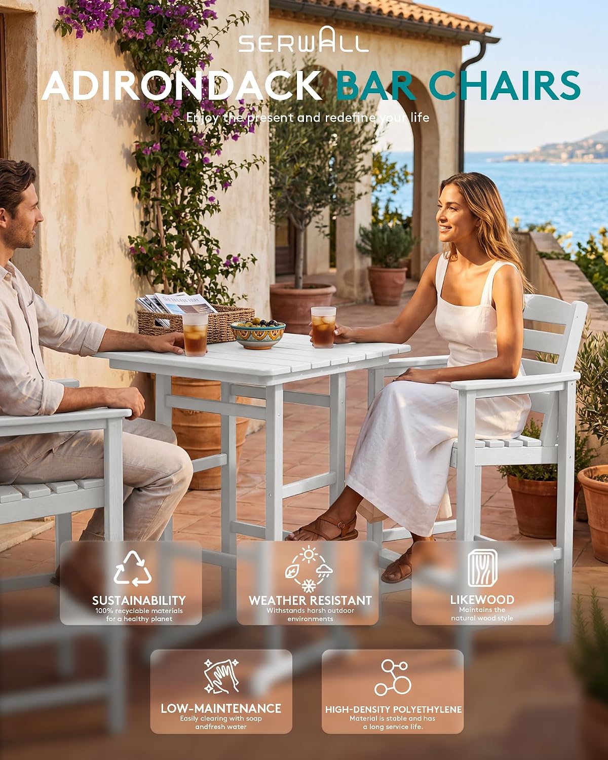 SERWALL Tall Adirondack Bar Chairs and Table 3 Pieces Set, Adirondack Bar Height Chairs Set of 2 and Bar Table, Outdoor Bar Stools Set for Bistro, Poolside, Backyard, White