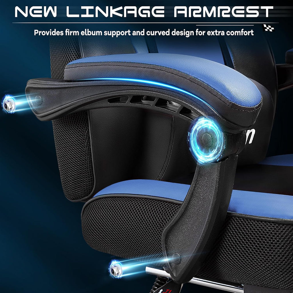 Video Game Chair for Adults, Gaming Chair with Footrest, Big and Tall Computer Chair with Massage Lumbar Support 330lbs Weight Capacity, Adjustable Height, 360° Swivel Seat and Headrest (Blue)