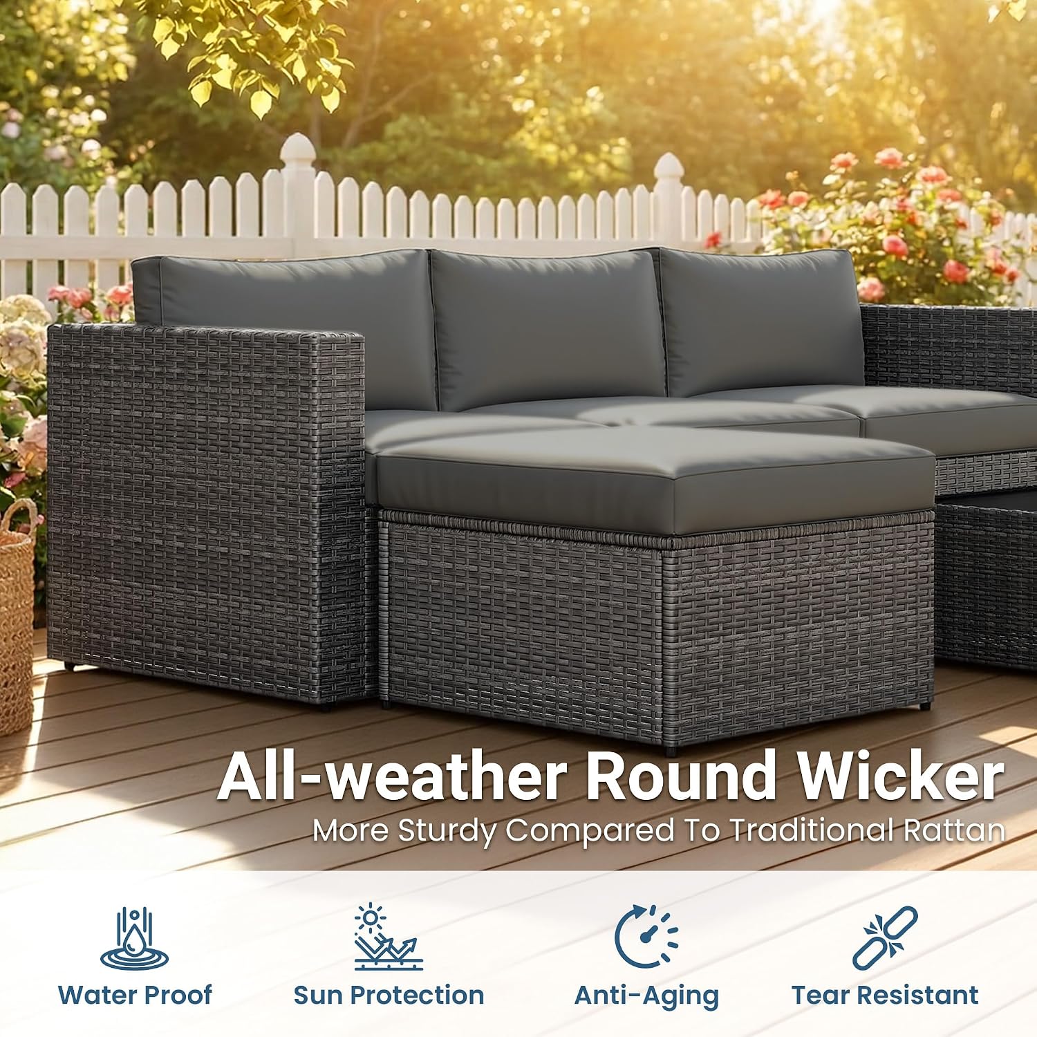 Wisteria Lane 5-Pieces Outdoor Patio Furniture Set, All Weather Wicker Rattan Sectional Sofa, Patio Conversation Set with Cushions & Glass Coffee Table for Backyard Porch Garden Balcony, Grey