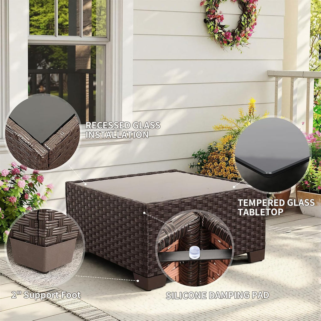 Rattaner 10 Pieces Outdoor Sectional All-Weather Wicker Patio Furniture Set Patio Sectional and Steel Fire Table and Glass Patio Table Non-Slip Cushions and Waterproof Covers, Navy Blue
