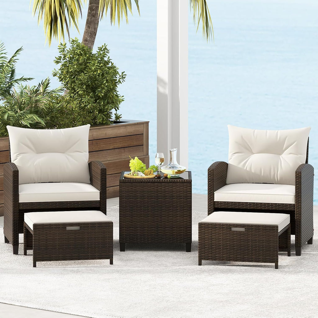 KOTEK 5 Pieces Patio Furniture Set with Ottomans, Wicker Patio Conversation Set with Coffee Table & Cushions, PE Rattan Outdoor Lounge Chairs for Backyard, Porch, Poolside (Mix Brown- Off White)