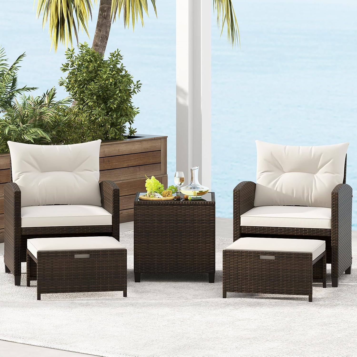 KOTEK 5 Pieces Patio Furniture Set with Ottomans, Wicker Patio Conversation Set with Coffee Table & Cushions, PE Rattan Outdoor Lounge Chairs for Backyard, Porch, Poolside (Mix Brown- Off White)