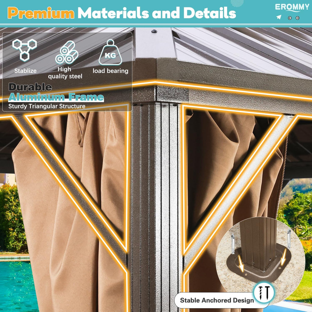 EROMMY 10'x10' Gazebo Hardtop, Galvanized Steel Double Roof Metal Gazebo with Aluminum Frame, Permanent Outdoor Pavilion with Curtain and Netting for Patio, Lawn and Garden, Brown