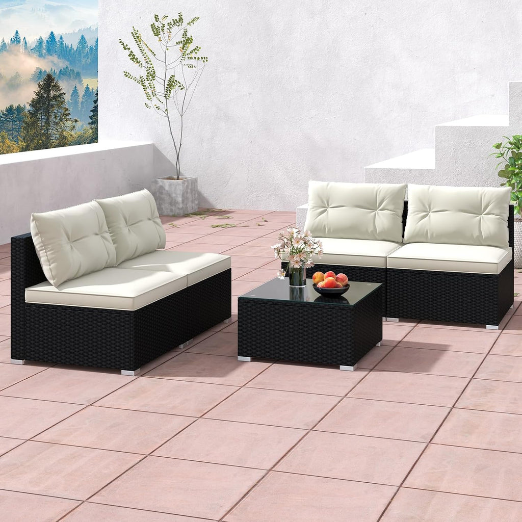 RELAX4LIFE 5-Piece Outdoor Patio Furniture Set, Rattan Sectional Sofa Set w/Glass-Top Coffee Table, Soft Seat & Back Cushions, Bistro Set for Garden Backyard Porch, Wicker Conversation Set (Off White)