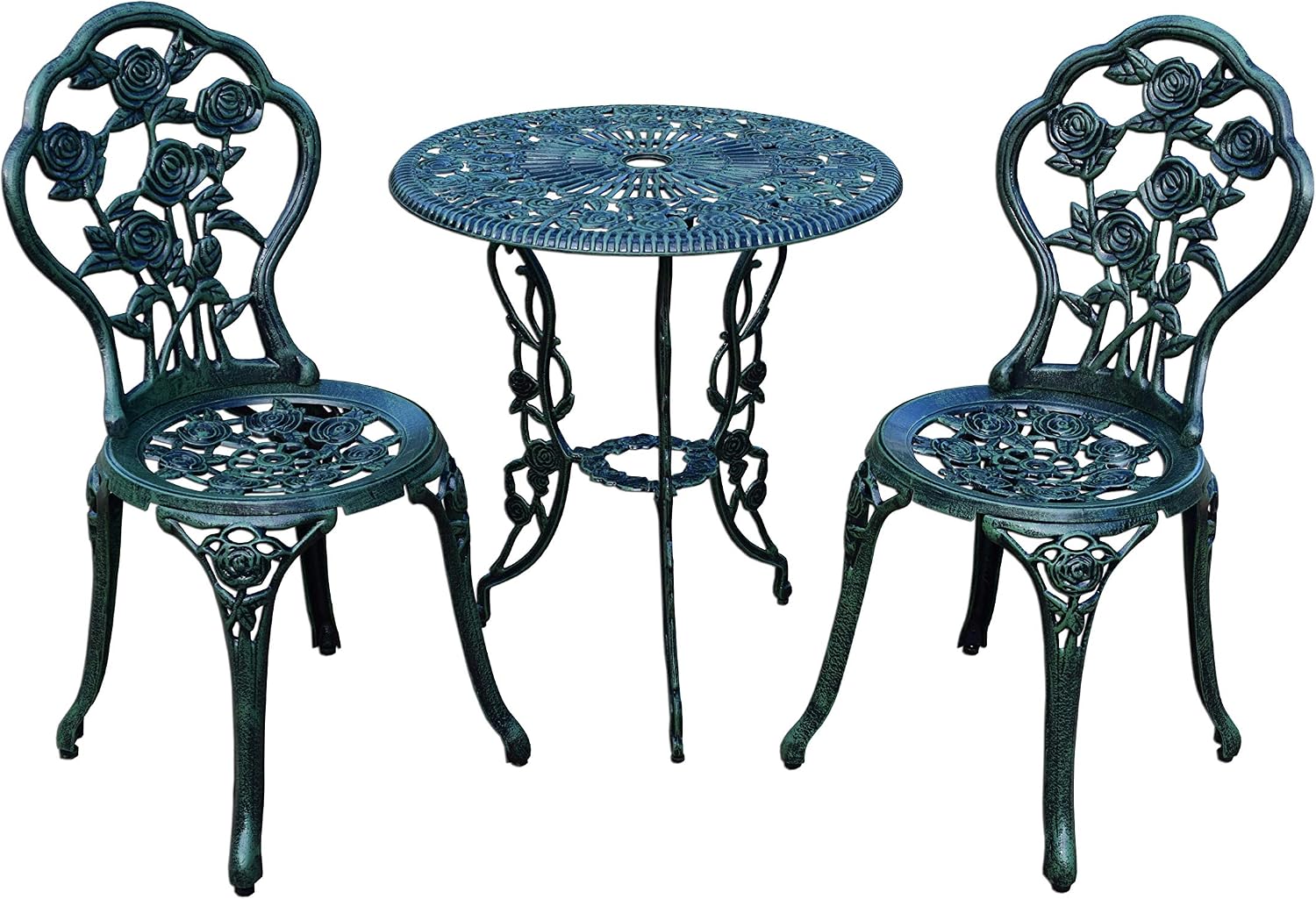 Oakland Living Cast Aluminum Conversation Set Metal Antique Green 3 Piece Patio Rose Bistro Set