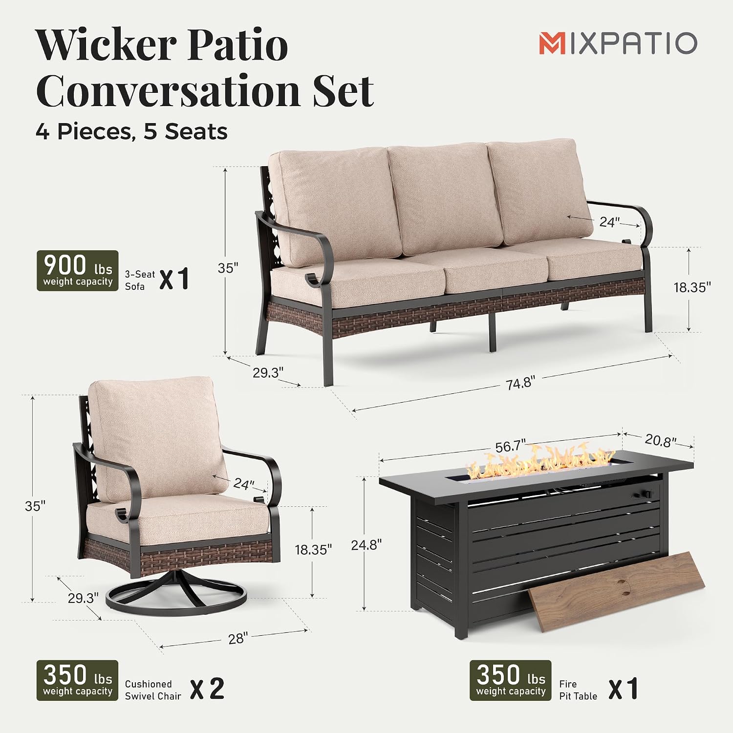 MIXPATIO Patio Furniture Set with 56'' Fire Pit Table, Black Frame Outdoor Conversation Set with 2 x Swivel Chairs, 1 x 3-Seat Sofa for Lawn Garden Backyard, Beige