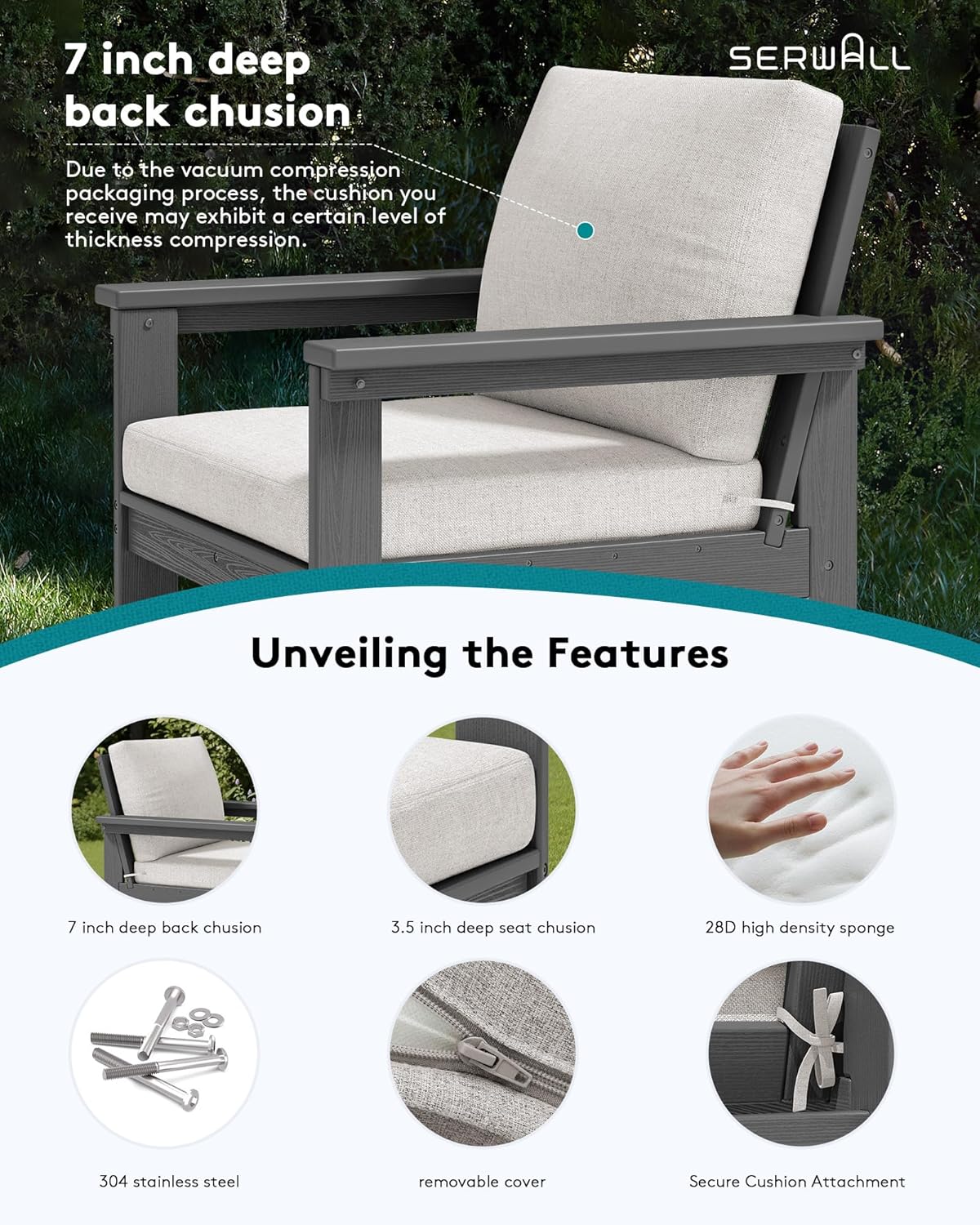 SERWALL HDPE Patio Conversation Set, 6-piece Sectional Outdoor Furniture Set, All Weather Outdoor Couch Set Patio Furniture Set for Deck, Lawn, Grey Frame with Khaki Cushion