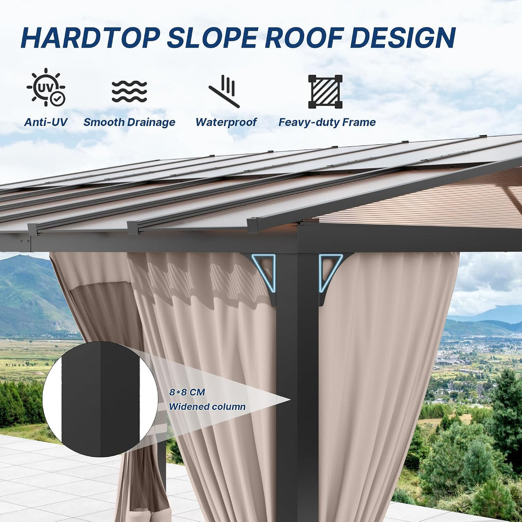 Gotland 10 FT x 14 FT Lean to Gazebo, 3 in 1 Outdoor Gazebo with Sloped Roof, Wall Mounted Gazebo with Ground Anchor Sturdy Structure, Galvanized Steel Metal Pergola for Backyard Deck Khaki