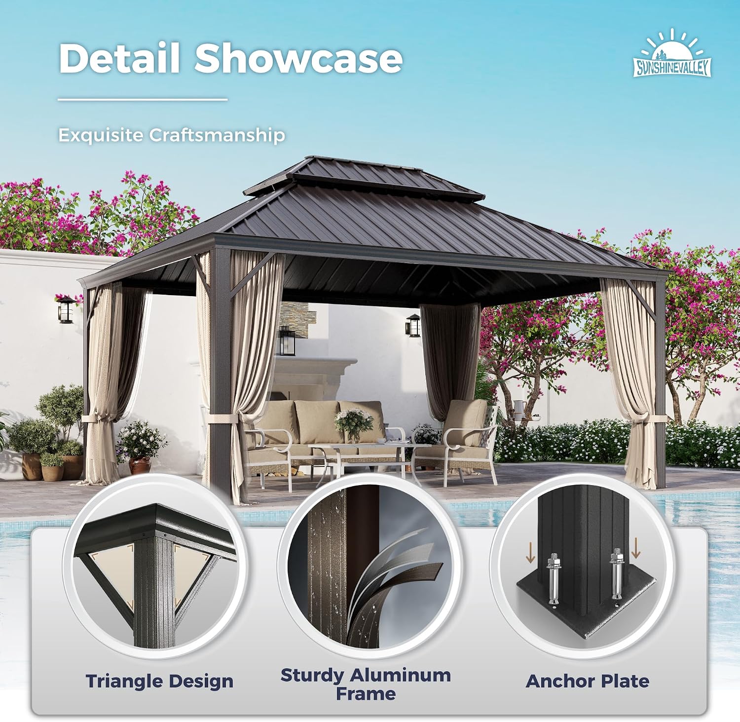 SUNSHINE VALLEY 12'x16' Hardtop Gazebo, Permanent Aluminum Outdoor Gazebo with Galvanized Steel Double Roof & Gutter System, Heavy Duty Patio Pavilion Canopy with Netting and Curtains for Deck, Garden