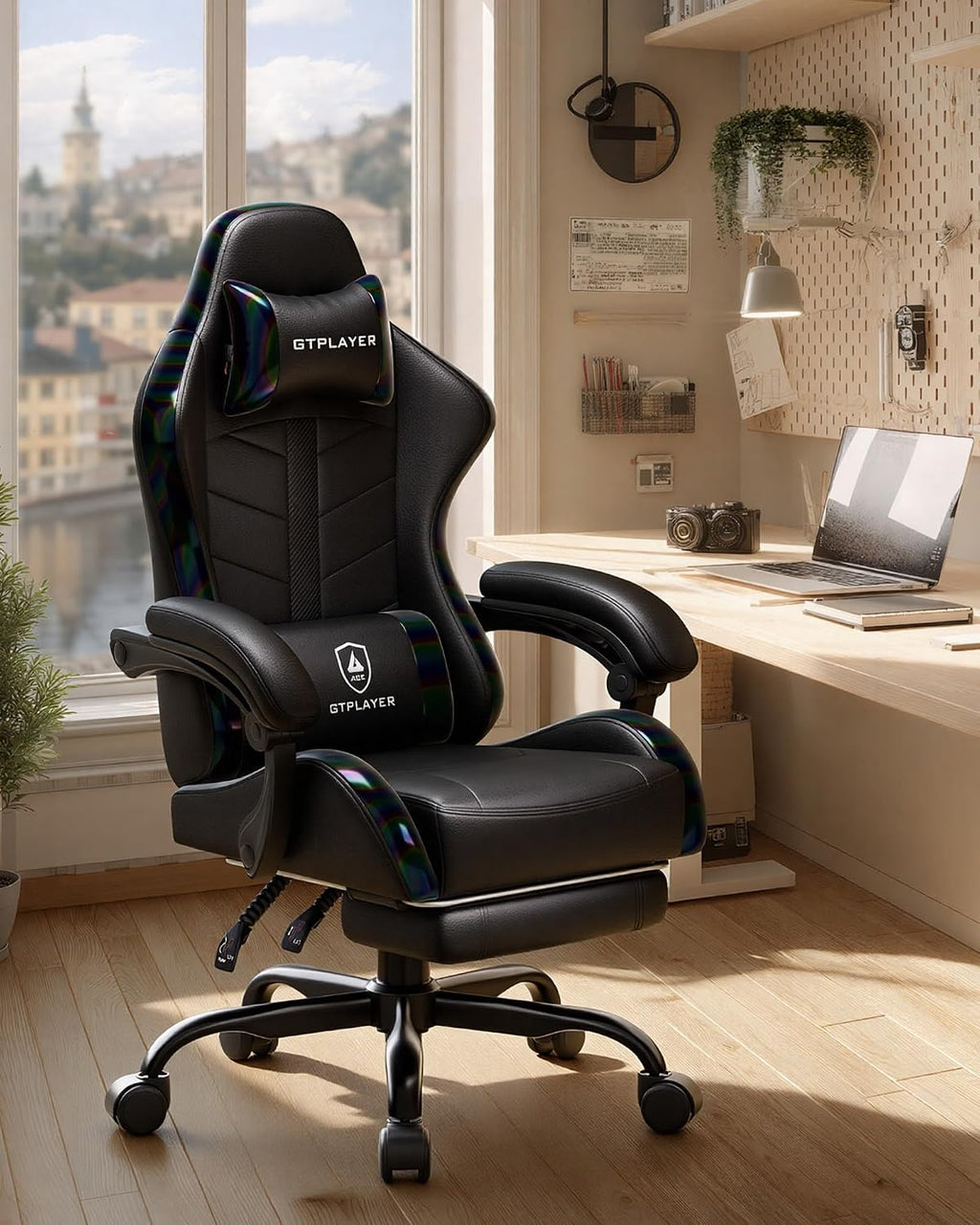 GTPLAYER Gaming Chair with Footrest, Computer Gaming Chair for Adults and Kids, Height Adjustable Gamer Chair with 90-155° Recline & Removable Headrest Lumbar Support, 01 Iridescent Black