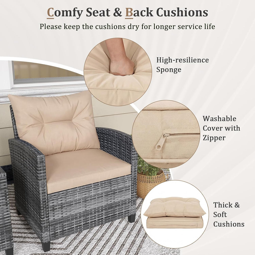 RELAX4LIFE 3 Piece Patio Furniture Set, Wicker Bistro Conversation Set w/2 Cushioned Armchairs & Glass Topped Table, Outdoor Rattan Sofa Set Patio Furniture for Porch Balcony Poolside (Grey-Beige)