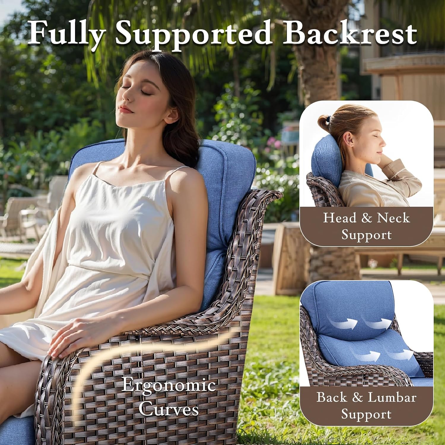 Luxury High Back Outdoor Furniture with 6-inch Extra Thick Cushions, Patio Furniture Set with Swivel Chairs, 4 PCS Wicker Conversation Set for Yard, Deck, Poolside, Brown/NavyBlue