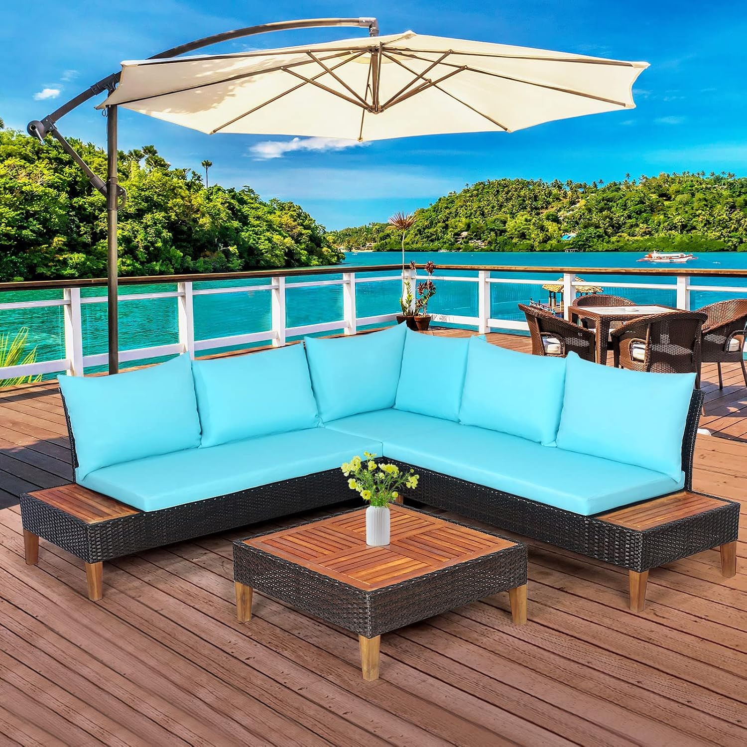 Tangkula 4 Pieces Acacia Wood Patio Furniture Set, Patiojoy L Shaped Wicker Corner Sectional Sofa Set with Thick Cushions, Coffee Table, for Backyard, Garden, Poolside and Deck (Turquoise)