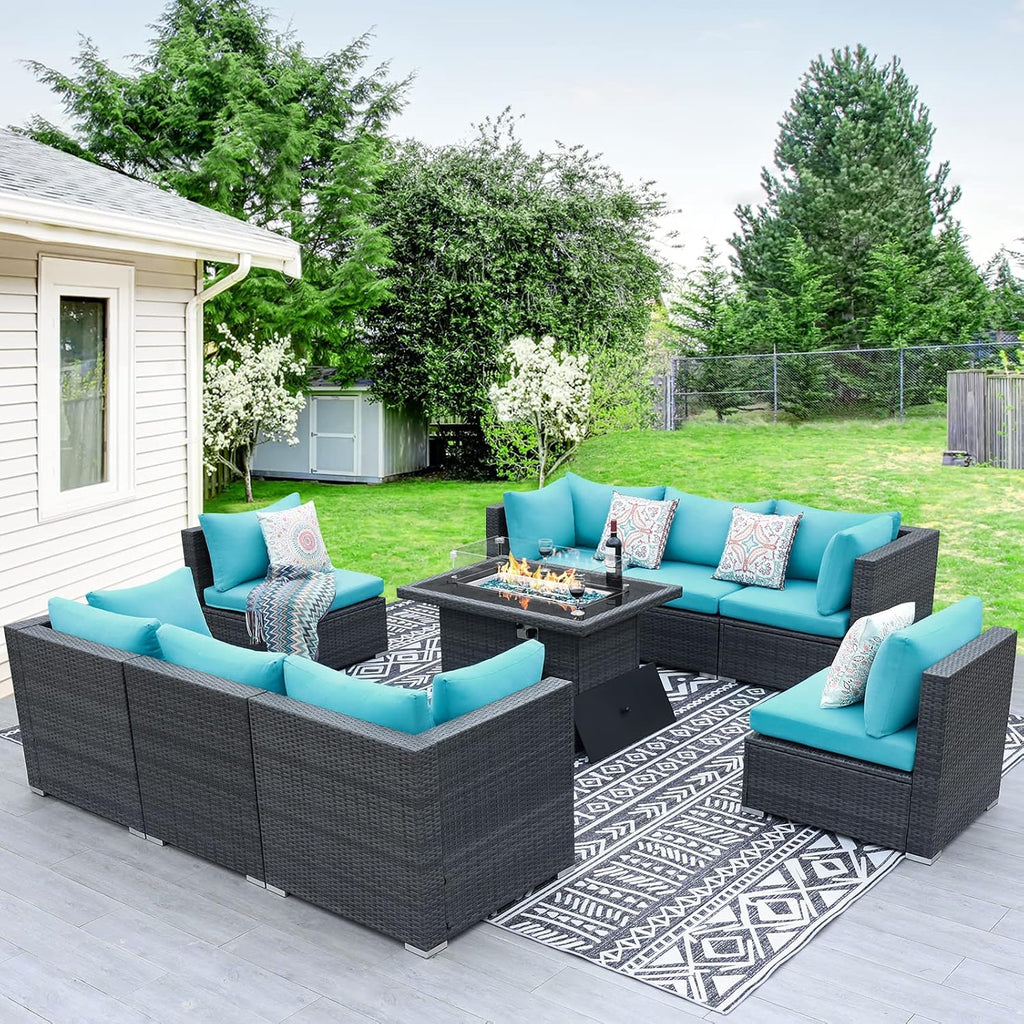BULEXYARD 9 Piece High Back Outdoor Sectional Seating with Fire Pit Table, Heavy Duty Sturdy Wicker Patio Set Conversation Couch Sofa, Extra Wide Deep Large 8-Person Deck Furniture Set, Grey & Teal