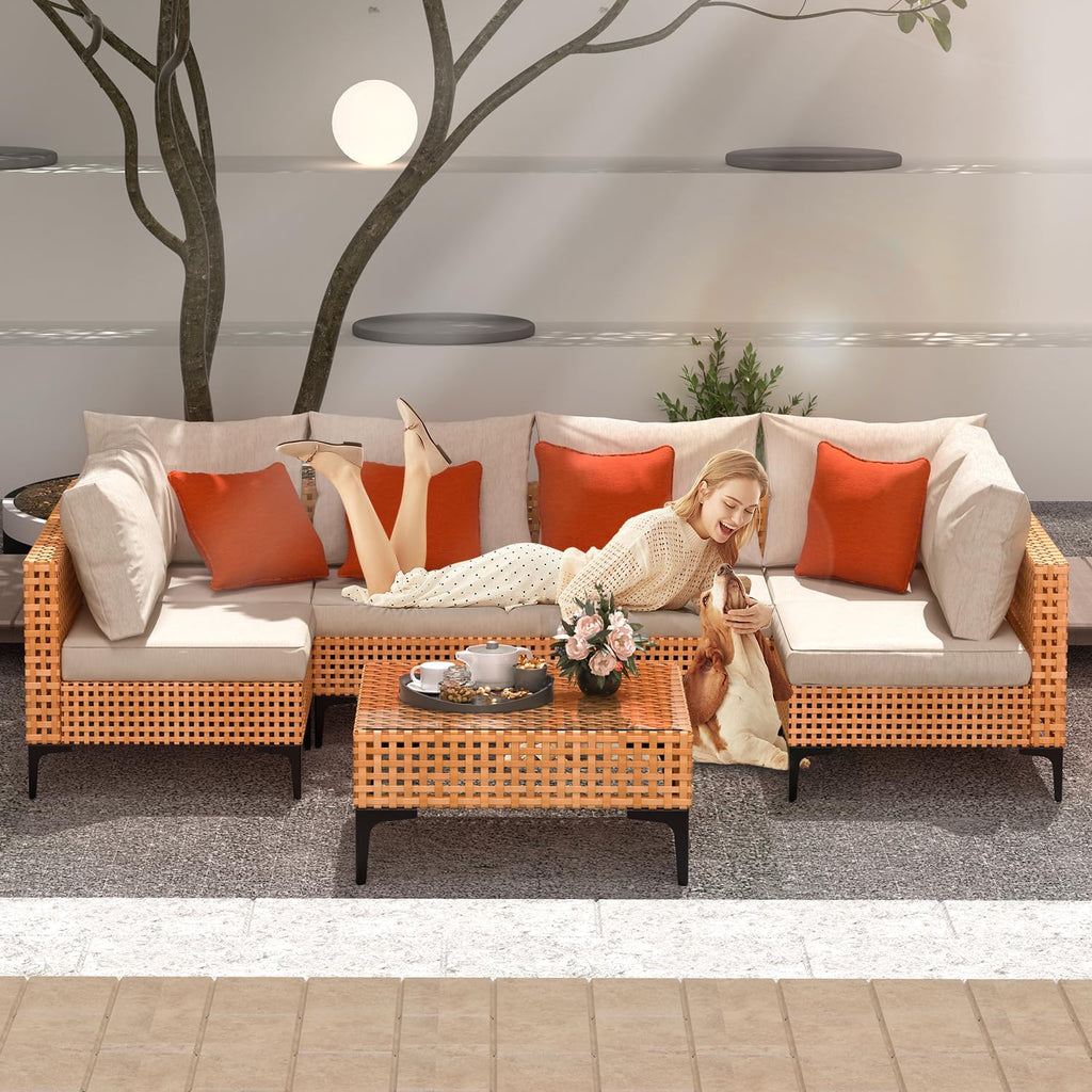 3 Piece Outdoor Patio Furniture Set Modular Outdoor Furniture Set Wicker Outdoor Sectional Sofa with Cushions Patio Set for Balcony Porch Deck Yard (Salmon&Orange Wicker, Sand Cushion)