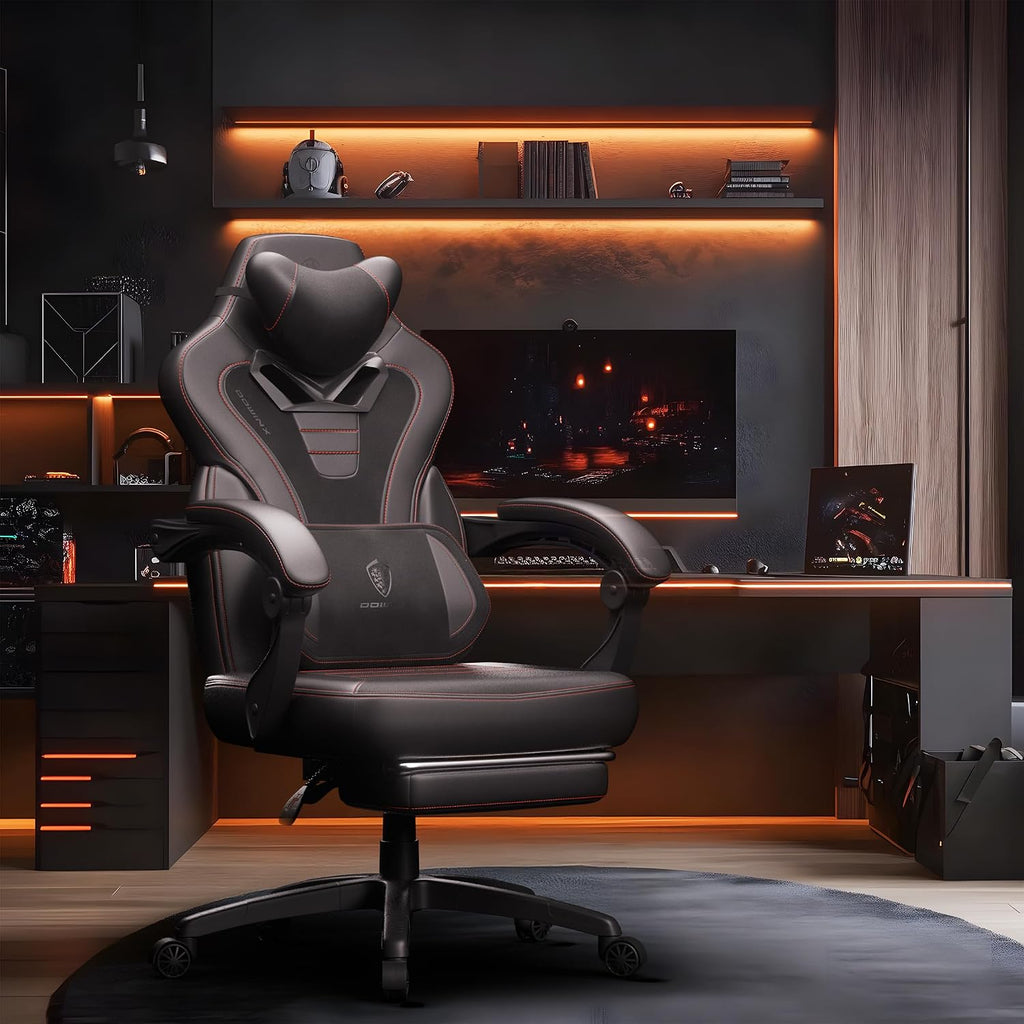 Dowinx Fabric Gaming Chair with Footrest,Big and Tall Game Chair for Heavy People, Gamer Chair with Massage Lumbar Support,Ergonomic Computer Gaming Chair for Adults, Black