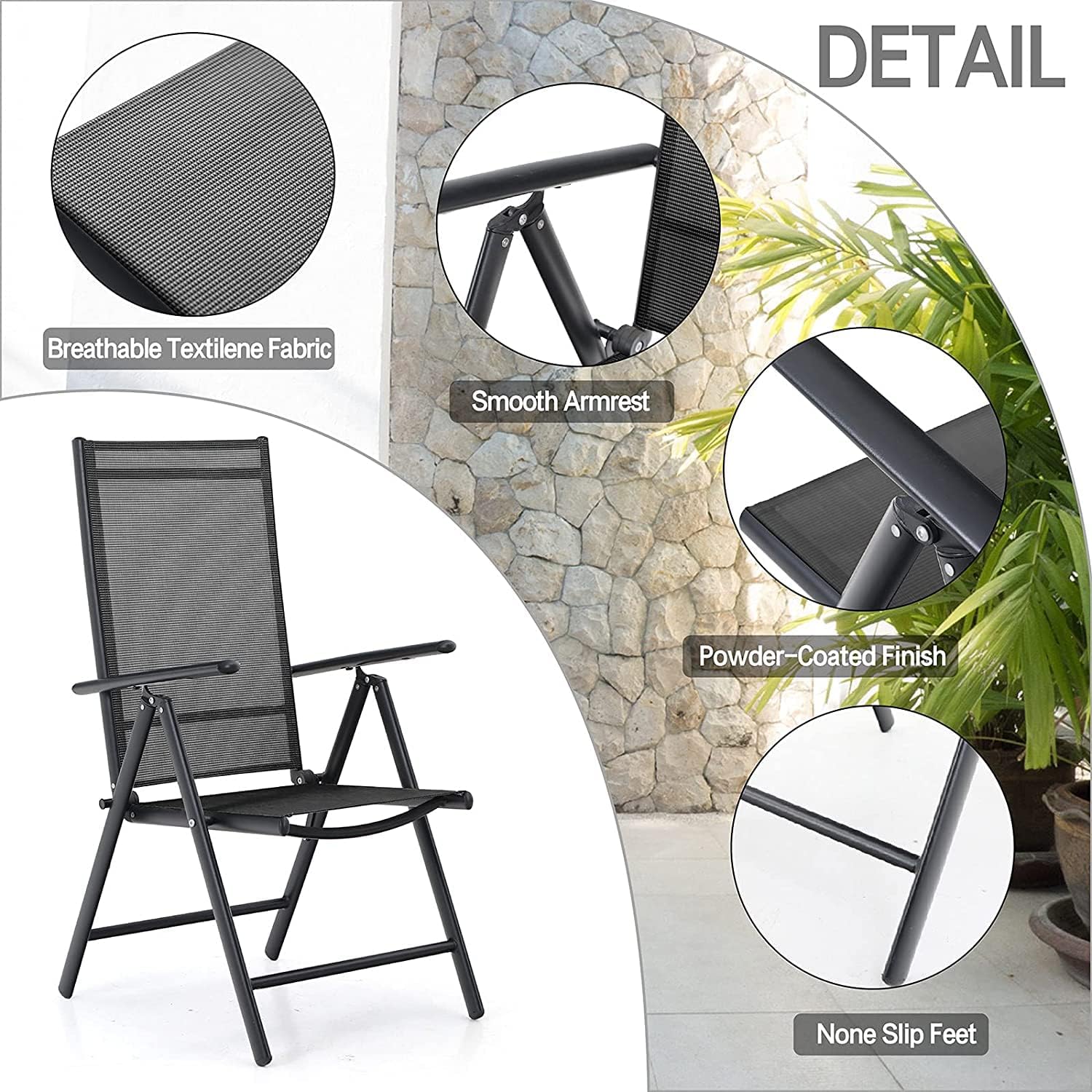 PHI VILLA 3 pcs Patio Bistro Set, Outdoor Bistro Furniture Set with 2 Reclining Folding Sling Chair & 1 Small Metal Square Side Table
