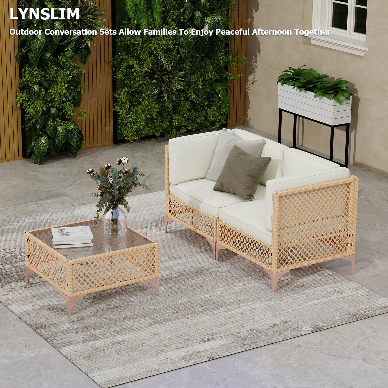 LYNSLIM Outdoor Patio Furniture Set, Wicker Outdoor Sectional Set, Boho Patio Conversation Sectional Sofa with Large Tempered Glass Coffee Table and Waterproof Cushion (3-Piece Patio Furniture)
