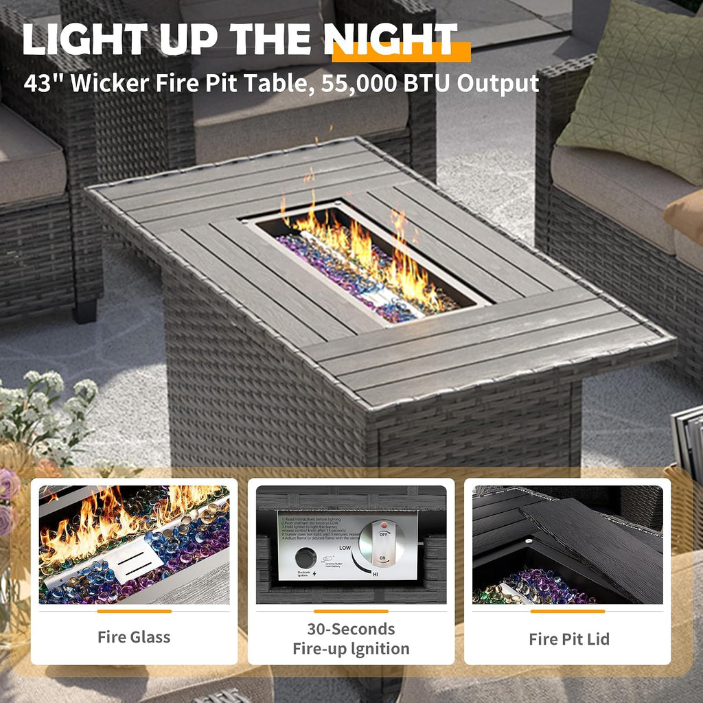 UDPATIO Patio Furniture Set with 44' Fire Pit Table, 6 Pieces Outdoor Sectional Conversation Sets, All-Weather Wicker Rattan Sofa Ottoman with 4' Thick Cushion for Garden Backyard Poolside, Navy Blue
