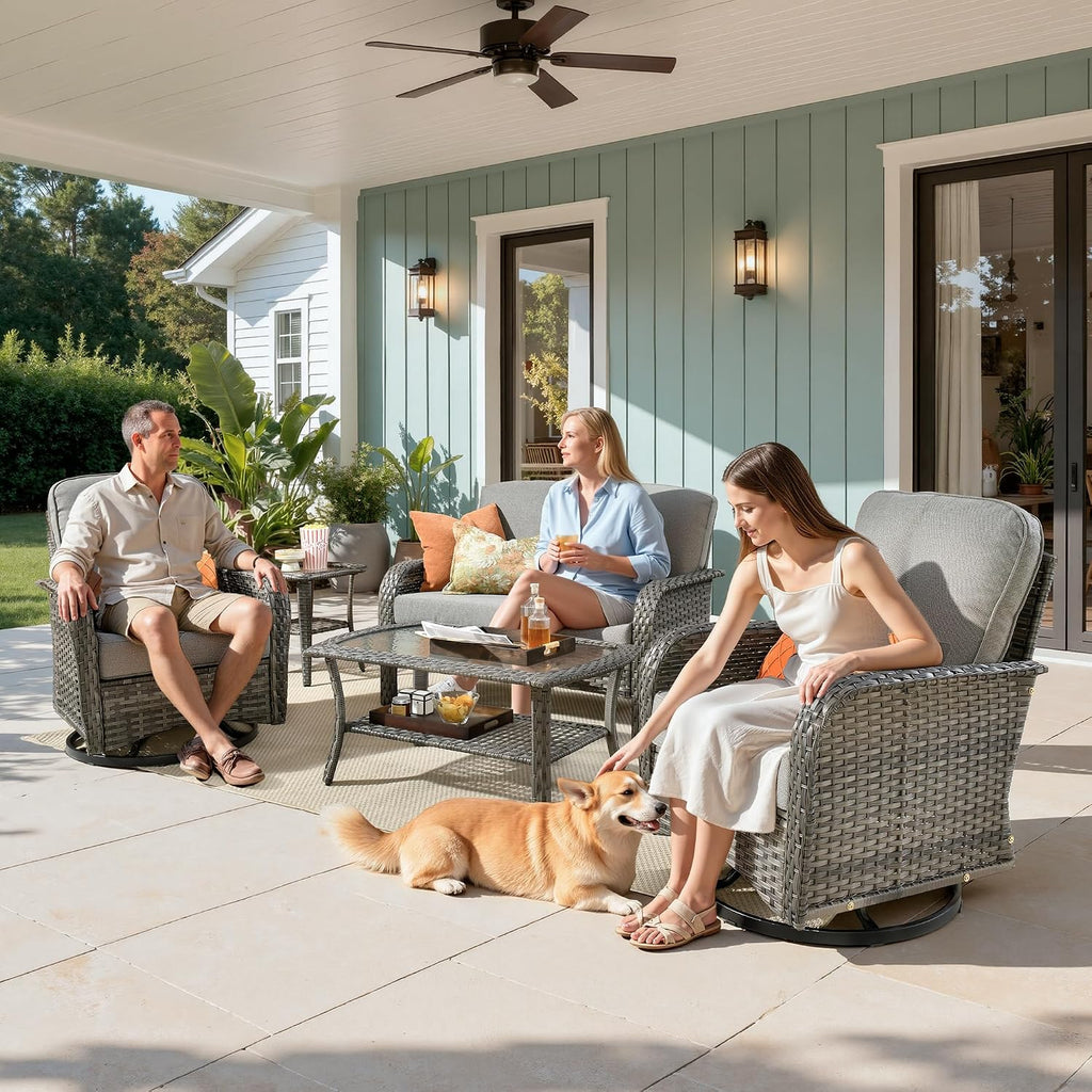 Weaxty Wicker Patio Furniture Set with Swivel Rocker Chairs Outdoor Loveseat Sofa and Rattan Coffee Table, 5 Pieces Outdoor Conversation Sets for Patio Porch Deck Backyard Poolside, Dark Gray