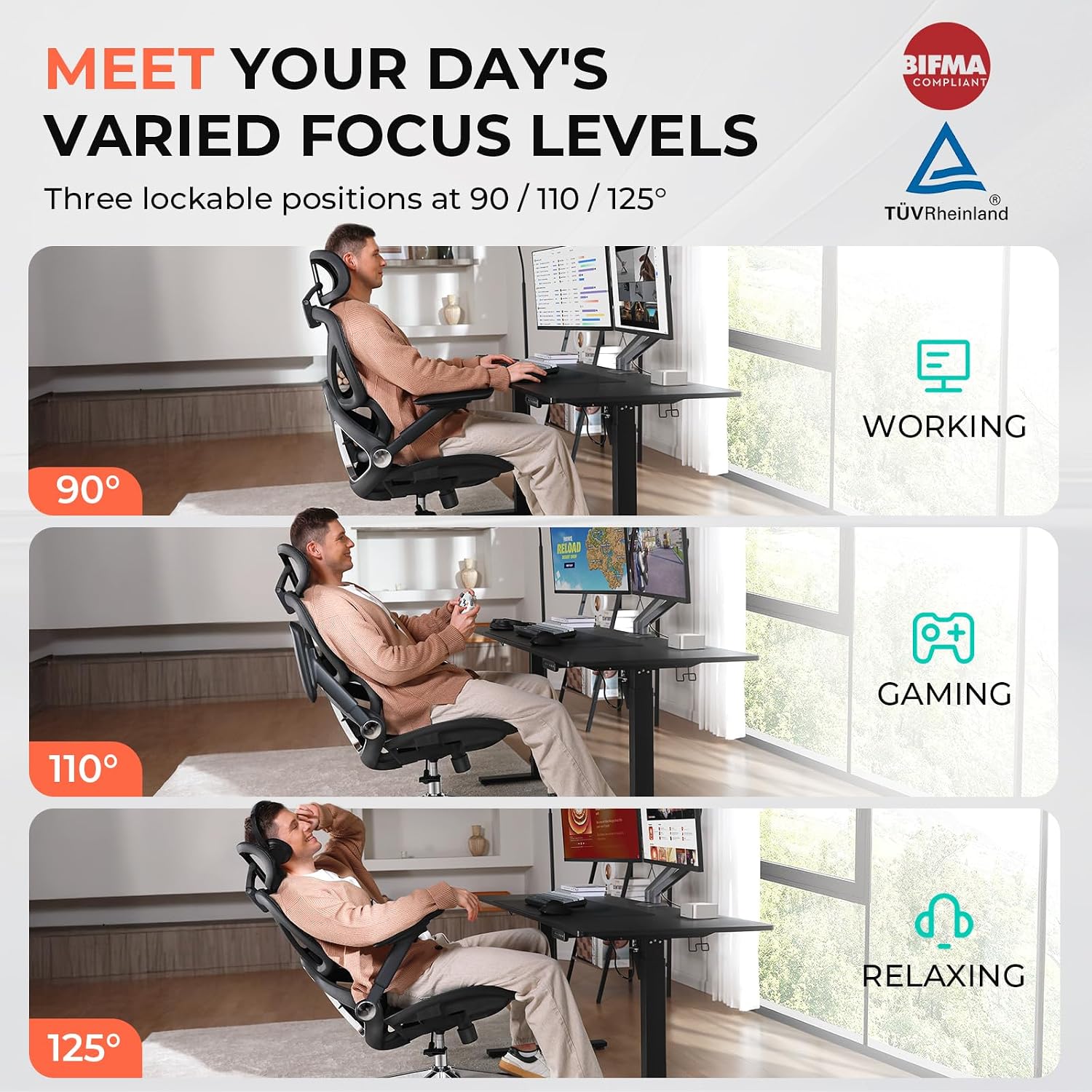 CAPOT Ergonomic Mesh Office Chair, Adjustable Lumbar High Back Desk Chair 400lbs, 4D Flip-up Arms, 3-Level Tilt Backrest, 3D Headrest, PU Wheels, Swivel Rolling Computer Seating for Long Desk Work