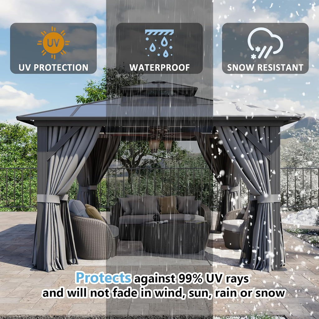 Aoxun 12'x12' Hardtop Gazebo,Permanent Aluminum-Framed Pavilion with Curtains & Mesh Screens, Featuring a Double-Layered Polycarbonate Roof, Ideal for Patios, Lawns, & Gardens, Gray