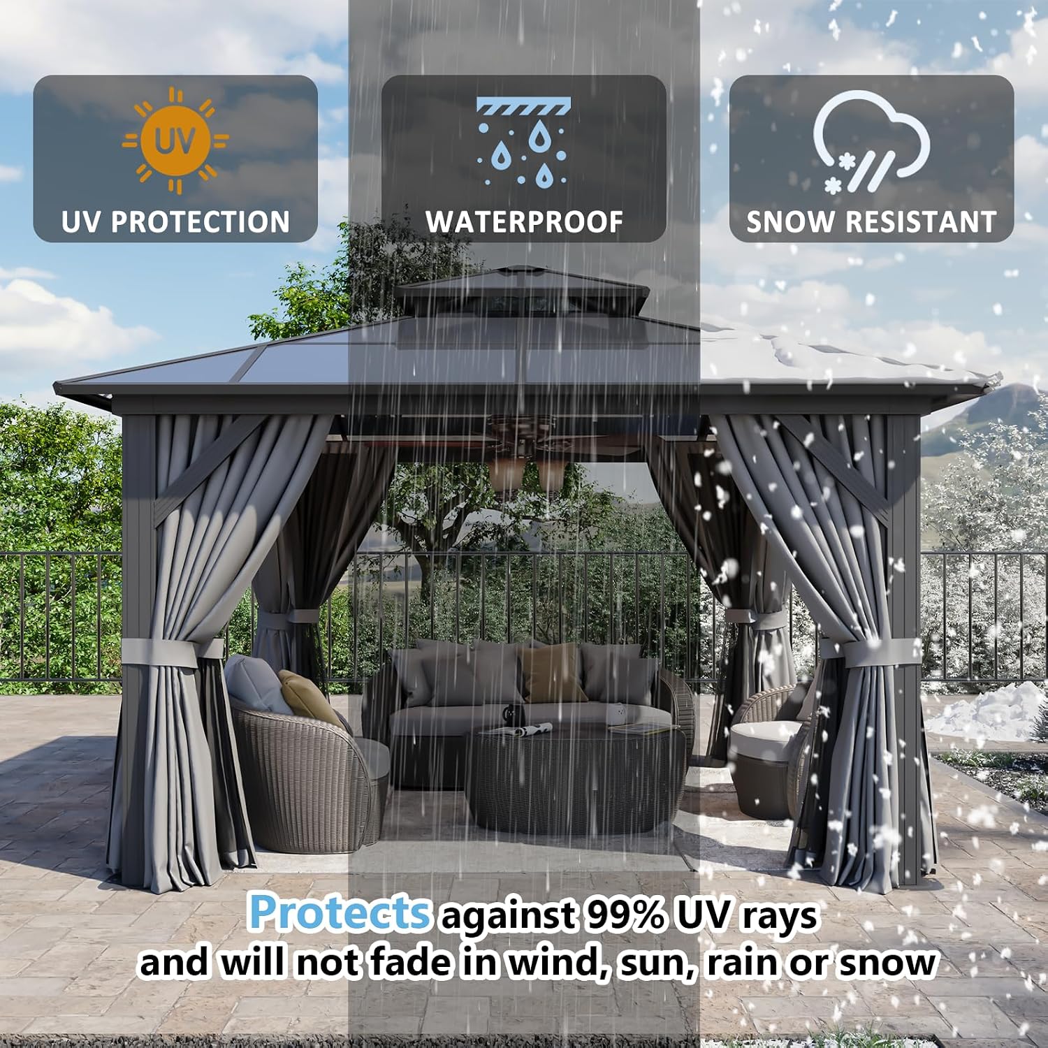 Aoxun 12'x12' Hardtop Gazebo,Permanent Aluminum-Framed Pavilion with Curtains & Mesh Screens, Featuring a Double-Layered Polycarbonate Roof, Ideal for Patios, Lawns, & Gardens, Gray