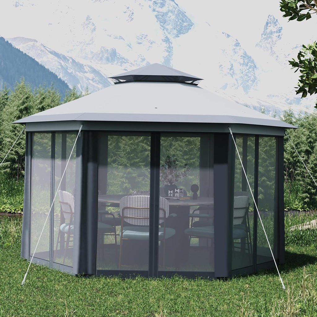 13'X13' Pop Up Gazebo,Patio Portable Gazebos with Mosquito Netting,Double-Layer Outdoor Canopy Tent,Hexagonal Pavilion for Garden Backyard Lawn & Deck,Heavy Duty Party