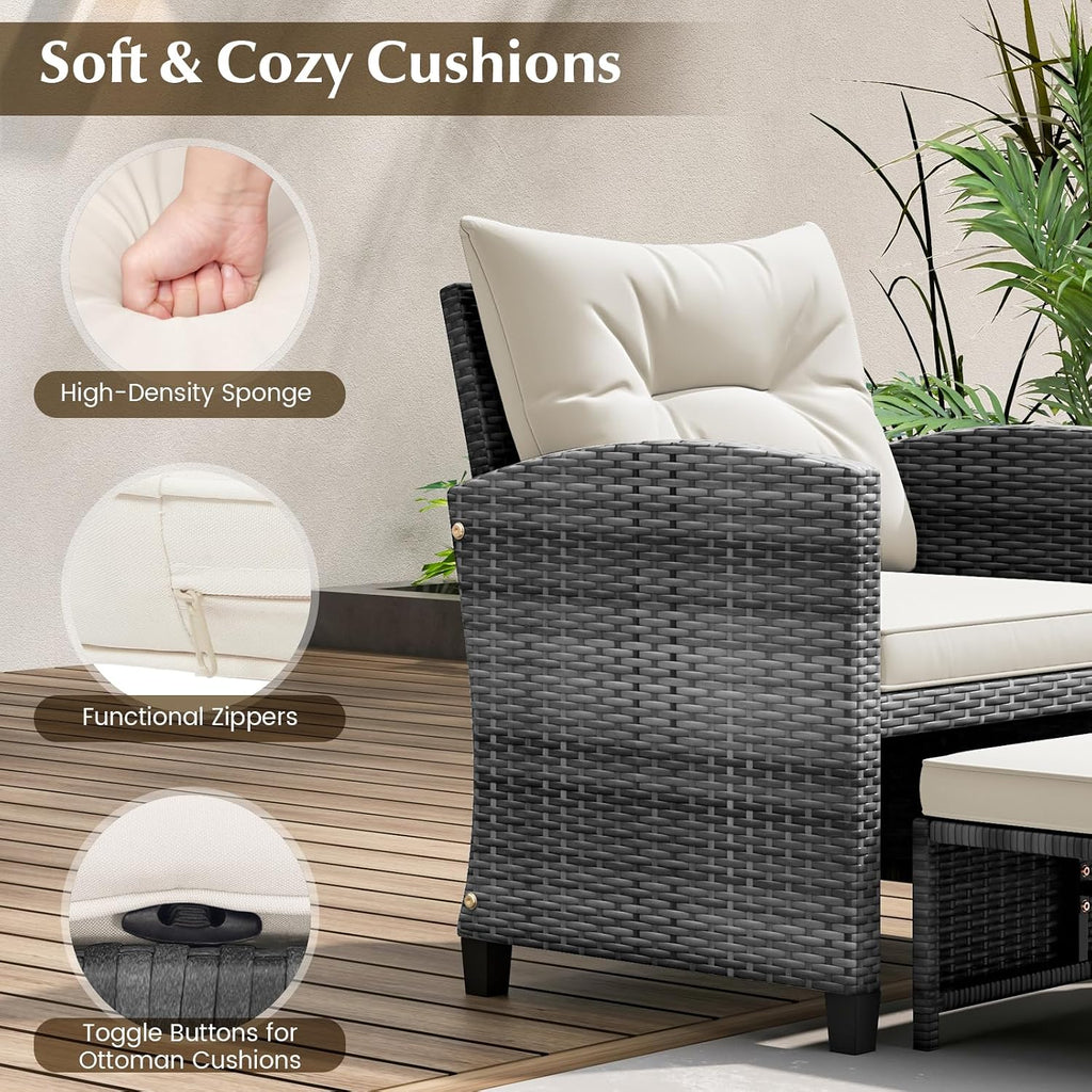 KOTEK 5 Pieces Patio Furniture Set with Ottomans, Wicker Patio Conversation Set with Coffee Table & Cushions, PE Rattan Outdoor Lounge Chairs for Backyard, Porch, Poolside (Mix Grey- Off White)