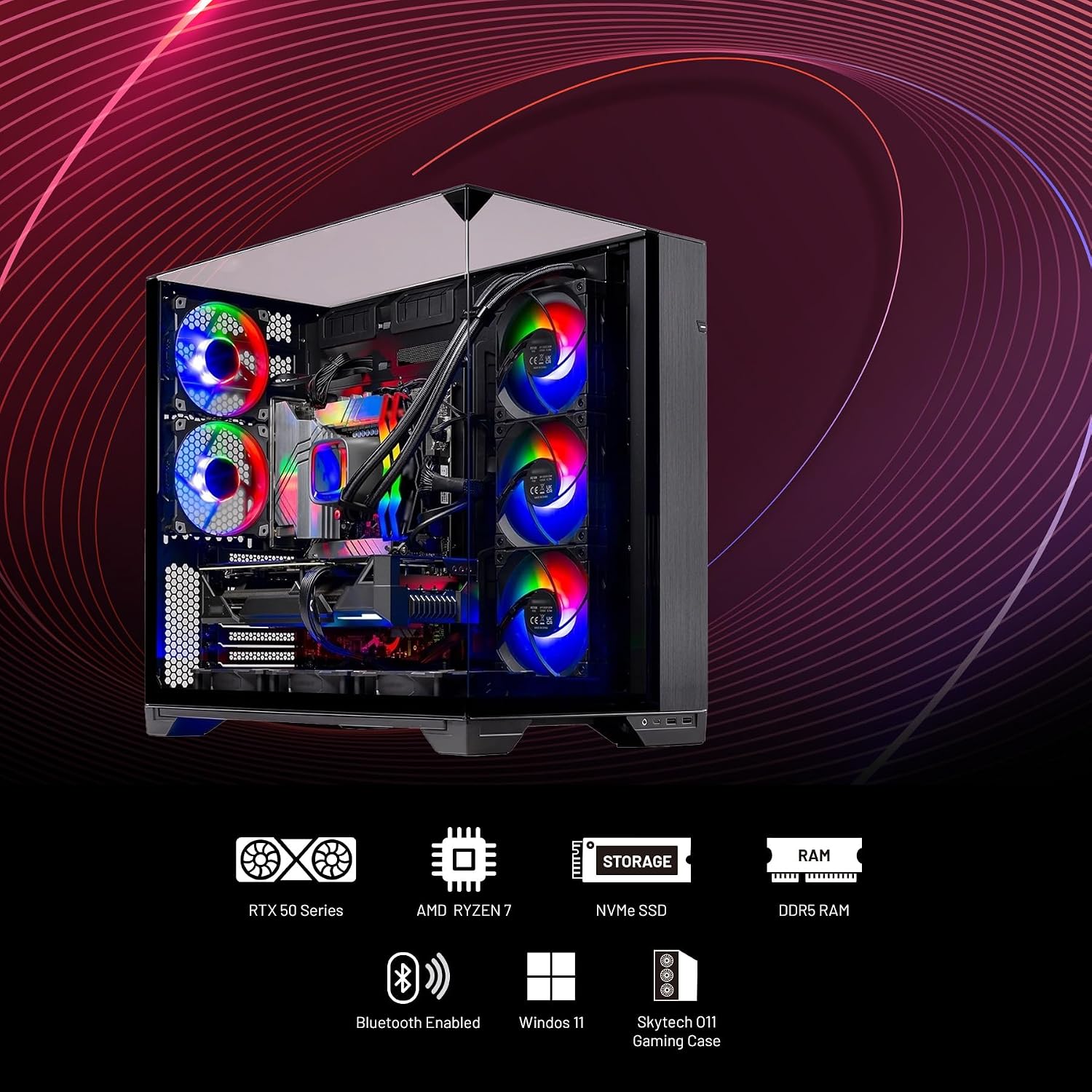 Skytech Gaming O11 Vision Gaming PC, AMD Ryzen 7 9800X3D 4.7GHz, NVIDIA RTX 5090 32GB VRAM, X870 Board, 2TB Gen4 NVMe SSD, 32GB DDR5 RAM 6000, 1000W Gold ATX 3 PSU, 360 ARGB AIO, WI-FI 7, Windows 11