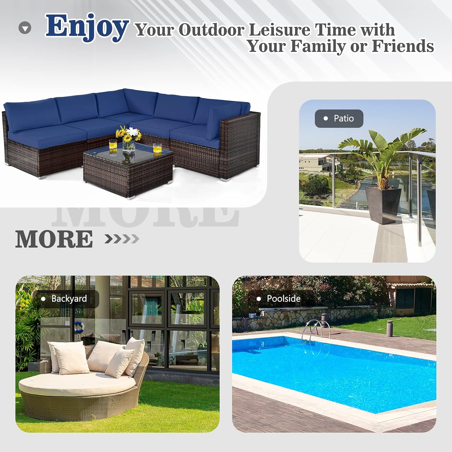 COSTWAY 6-Piece Outdoor Patio Furniture Set, Rattan Sectional Sofa Set with Tempered Glass Coffee Table and Cushions for Garden, Deck, Backyard (Navy)