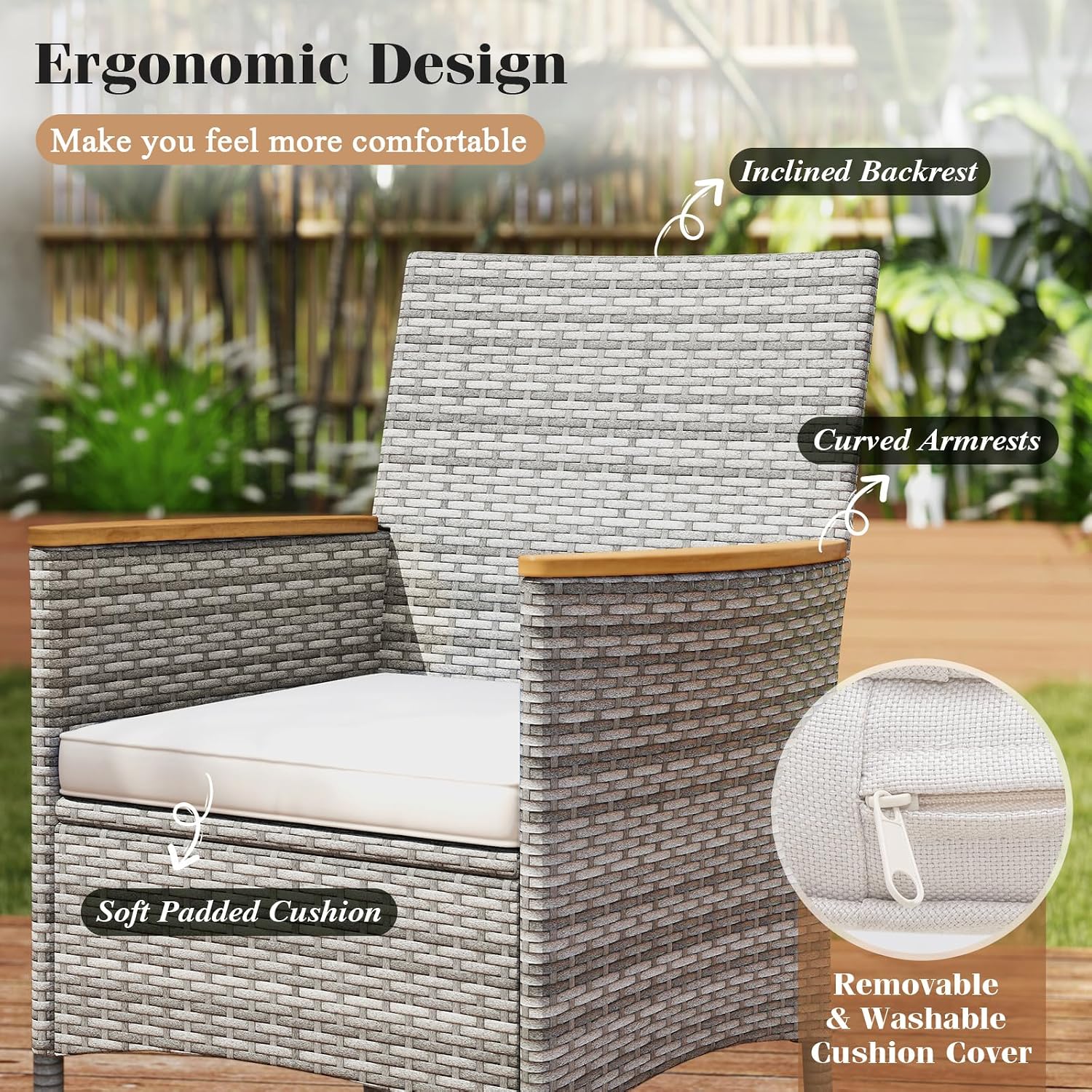 COSTWAY 9-Piece Patio Dining Set for 8, Outdoor Rattan Wicker Table and Chairs Furniture Set with Umbrella Hole, Acacia Wood Tabletop for Backyard, Balcony, Poolside, Grey & White