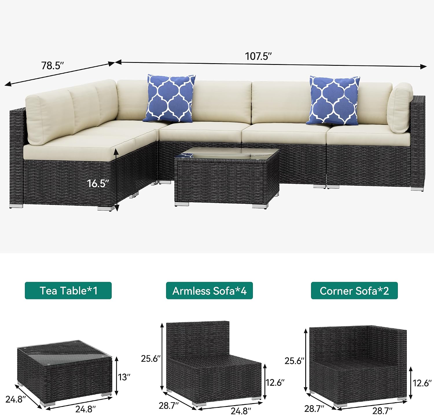 YITAHOME 7 Pieces Outdoor Patio Furniture Set, Sectional Sofa PE Rattan Wicker Conversation Set Outside Couch w/Table and Cushions for Porch Lawn Garden Backyard, Black