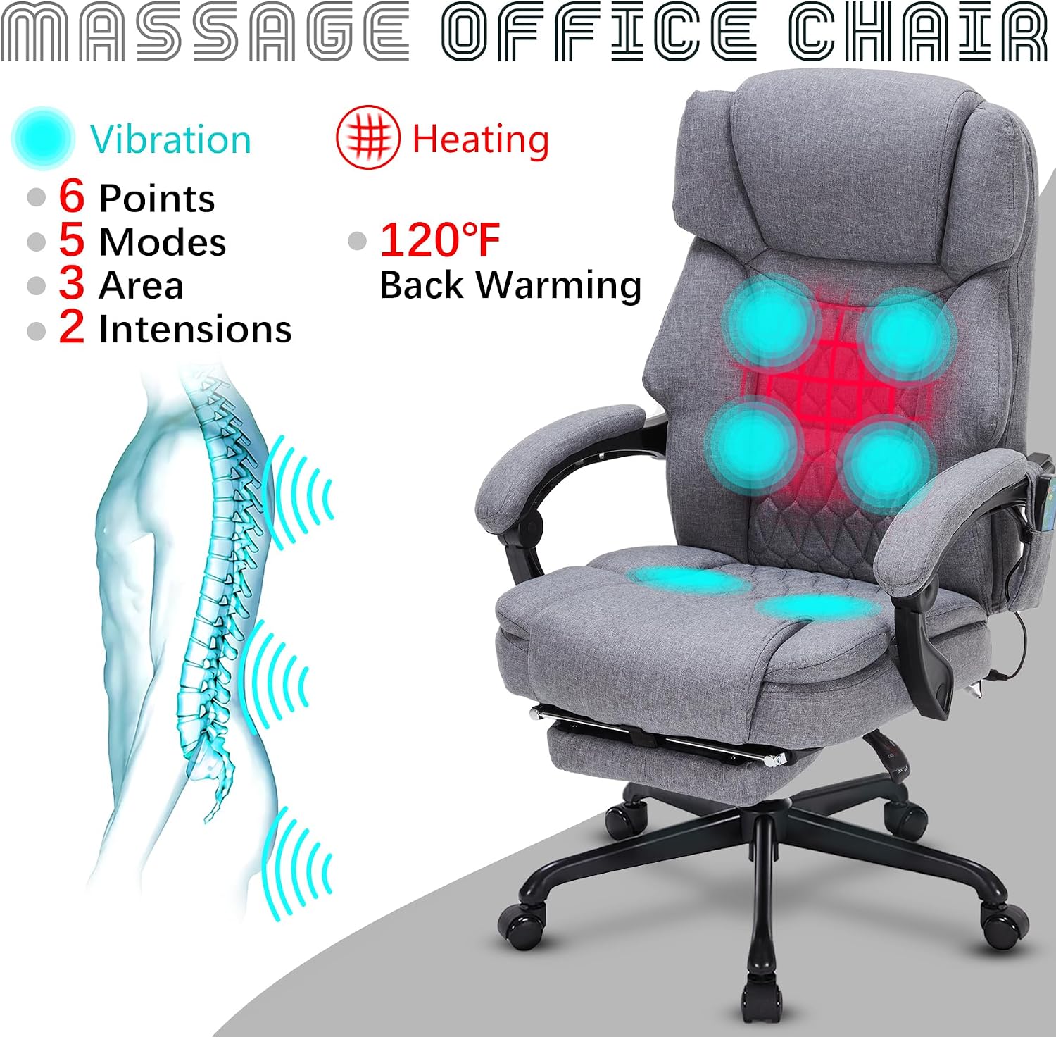 Massage Office Chair with Heat,Reclining Office Chair with Foot Rest,6 Points Vibration Home Desk Chairs for Heavy People 400lbs,Ergonomic Managerial Executive Chair (Grey)