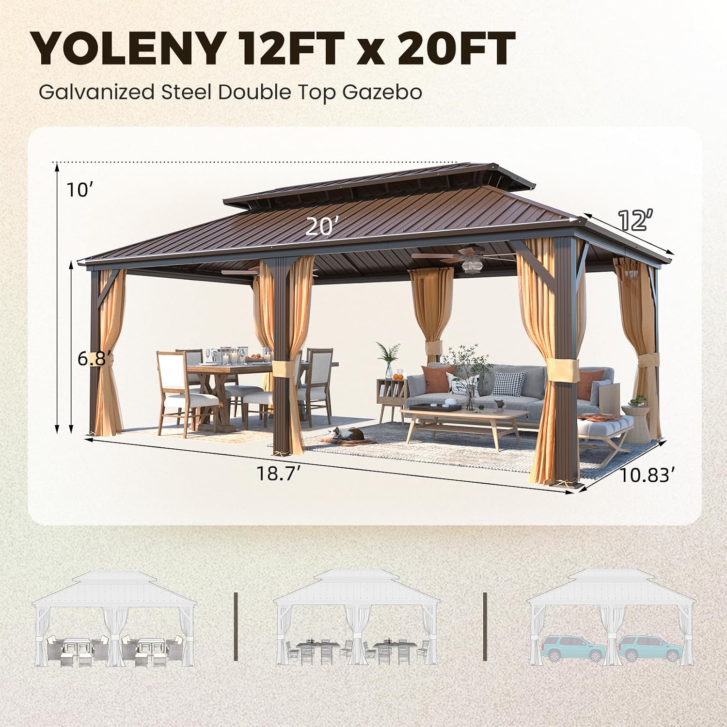 YOLENY 12' x 20' Gazebo Hardtop with Aluminum Frame,Galvanized Steel Double Roof Gazebos with Curtain and Netting,Outdoor Metal Pergolas for Garden, Lawn, Deck, Brown